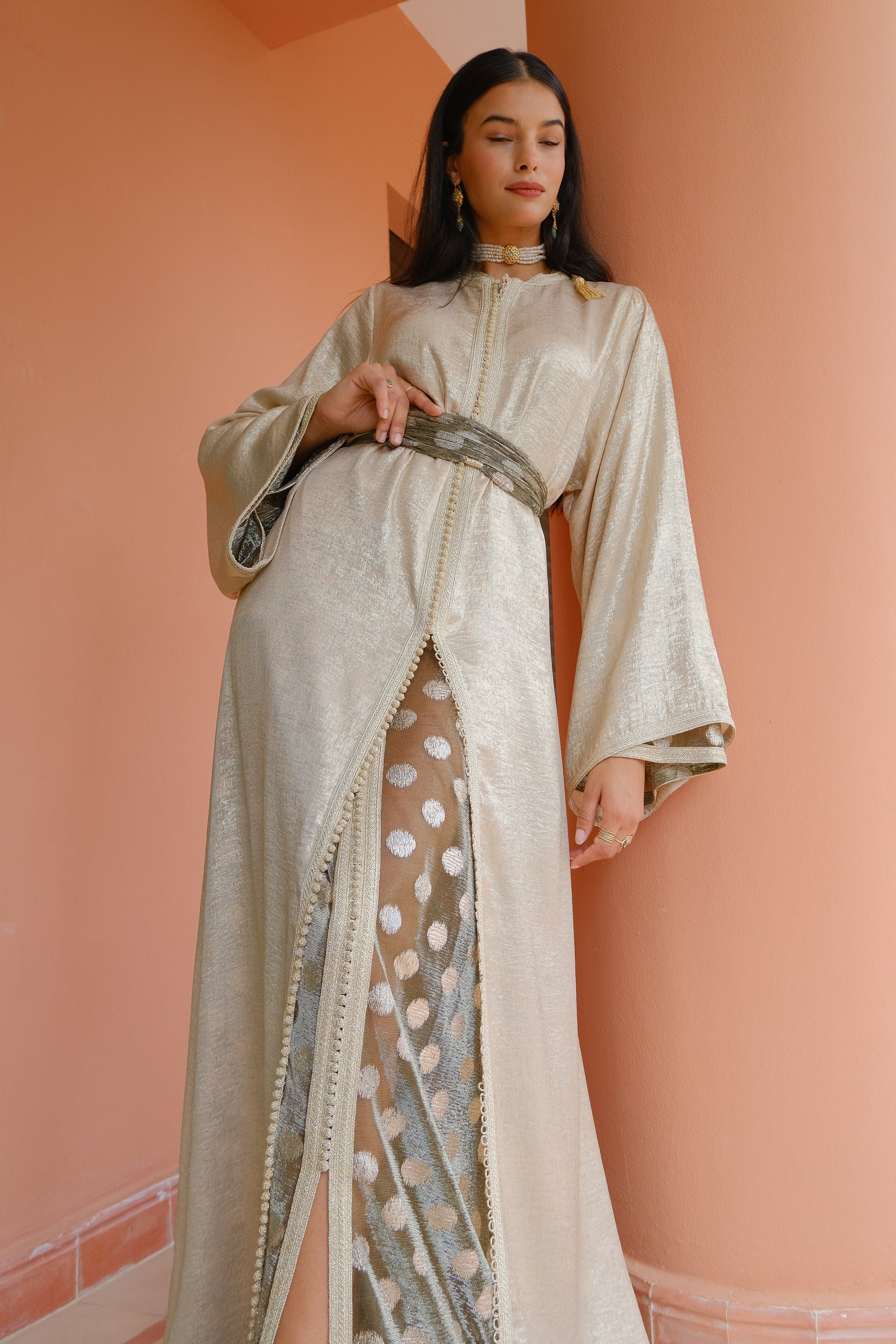 Joumala 3-Piece Set: Gold Crepe Kaftan, Sheer Muslin Kaftan & Adjustable Belt
