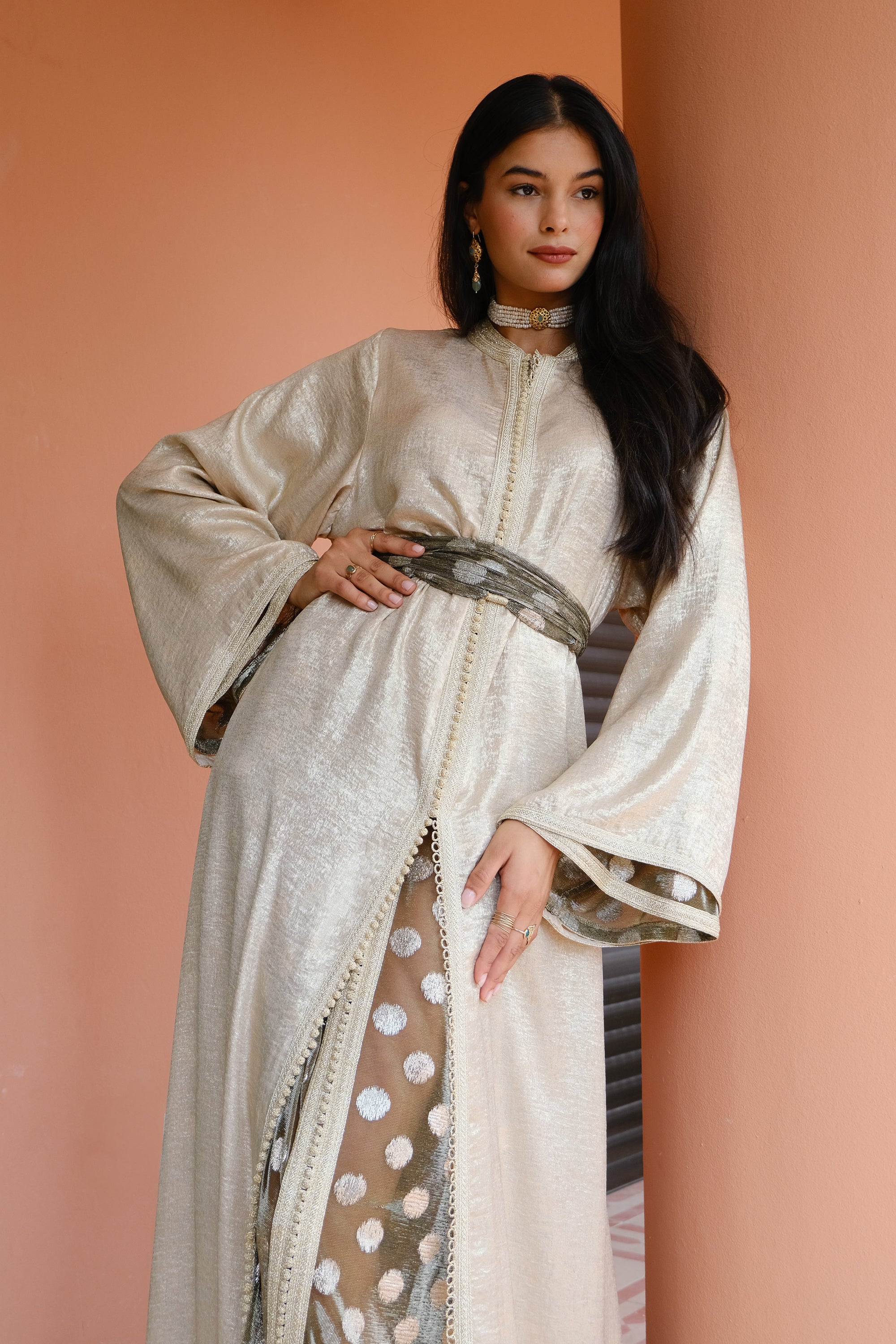 Joumala 3-Piece Set: Gold Crepe Kaftan, Sheer Muslin Kaftan & Adjustable Belt
