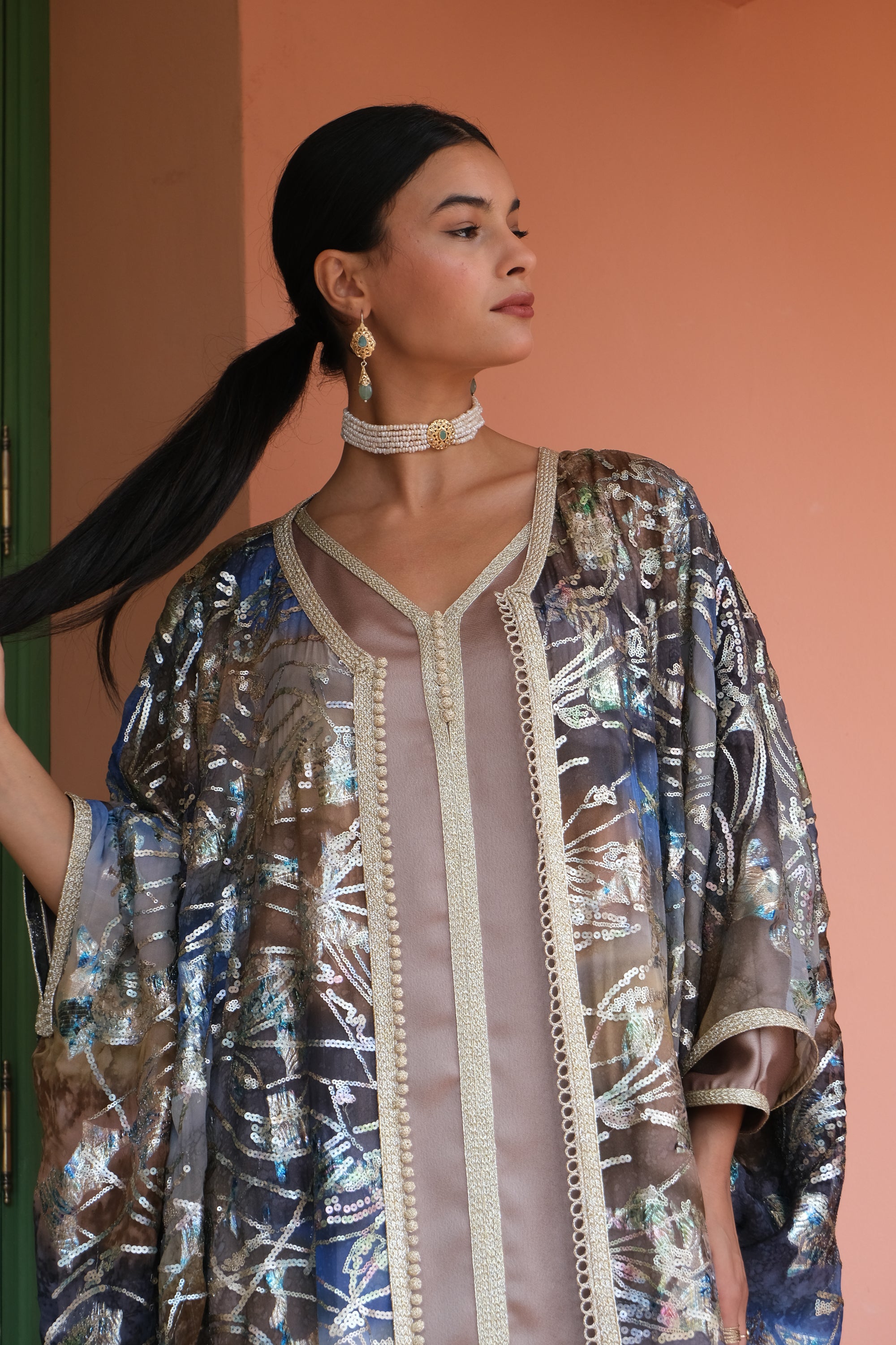 Hafsa 2-Piece Metallic Embroidered Kaftan in Bronze & Blue