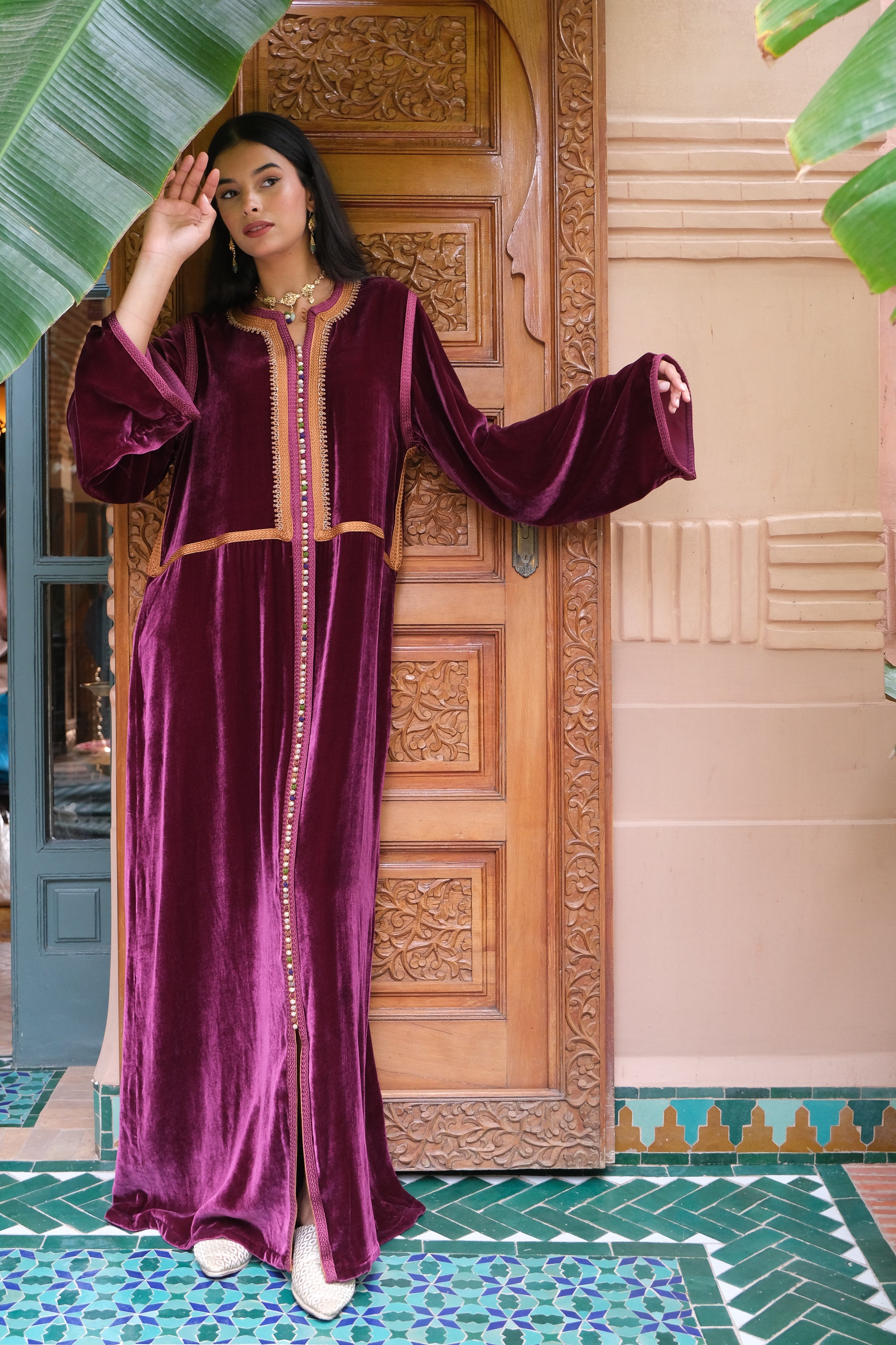 Aya Velvet Kaftan in Deep Plum with Embroidered Trompe-l’Œil Gilet