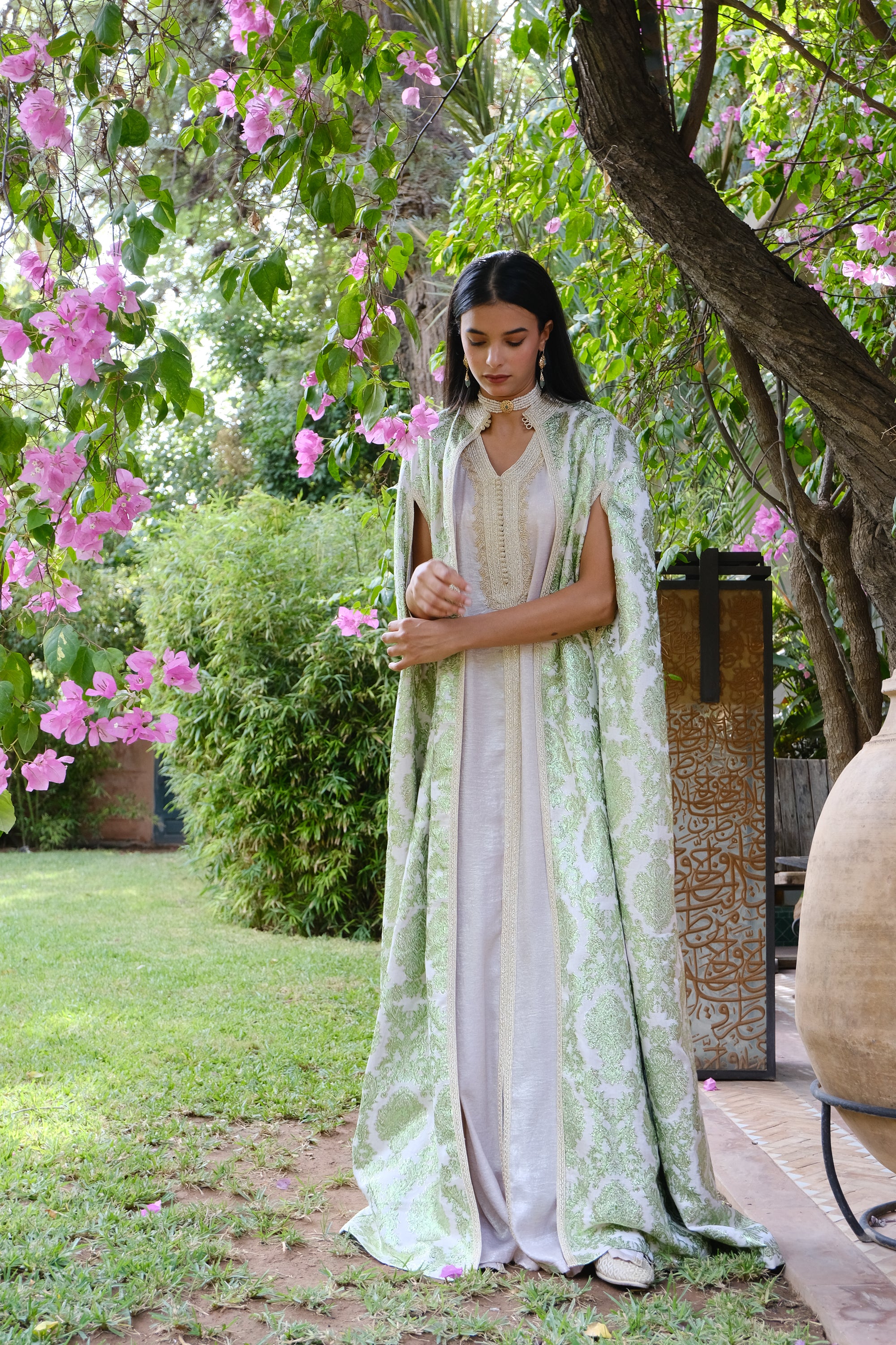 RAWDA Two-Piece Silk Kaftan & Brocade Cape Set