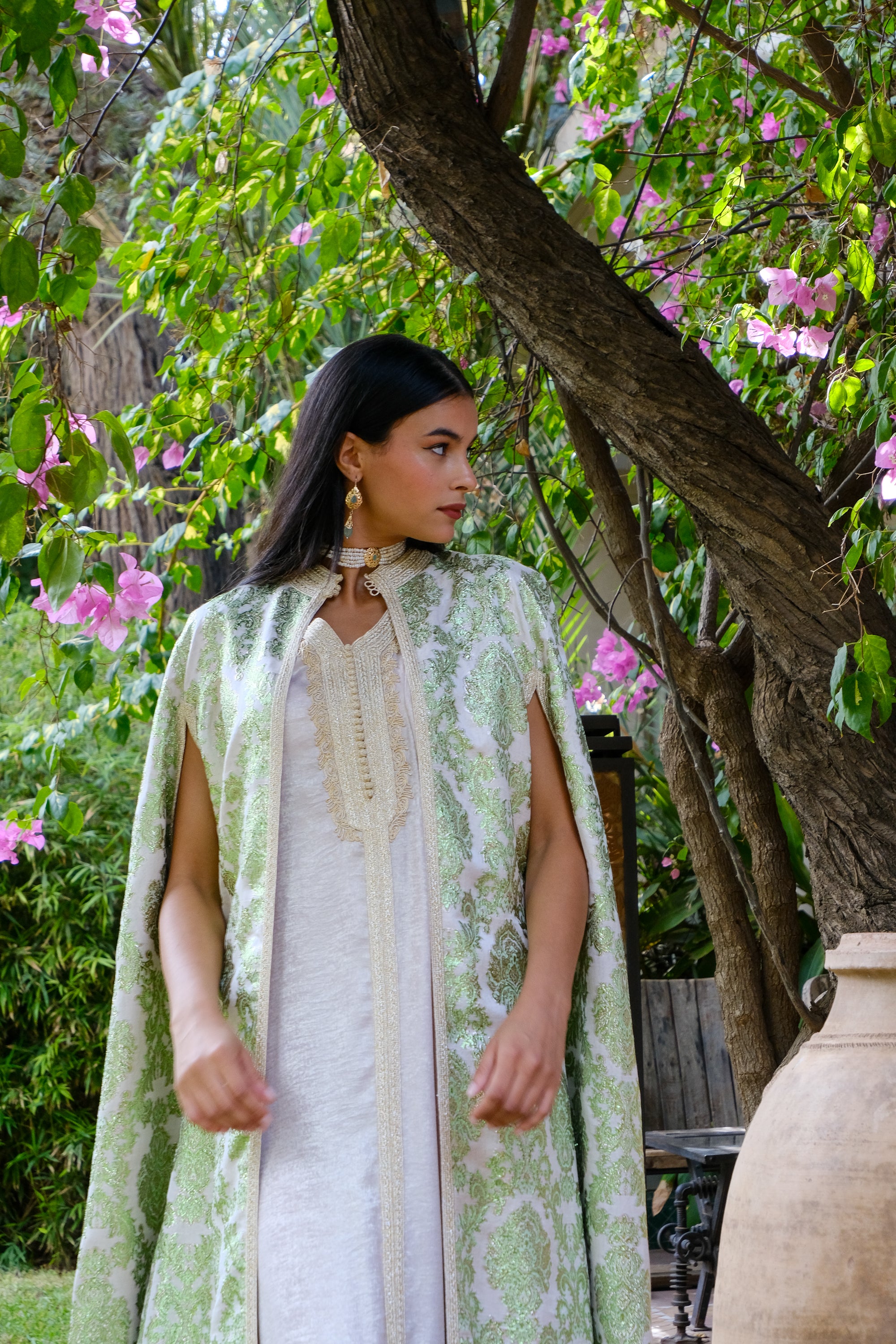 RAWDA Two-Piece Silk Kaftan & Brocade Cape Set