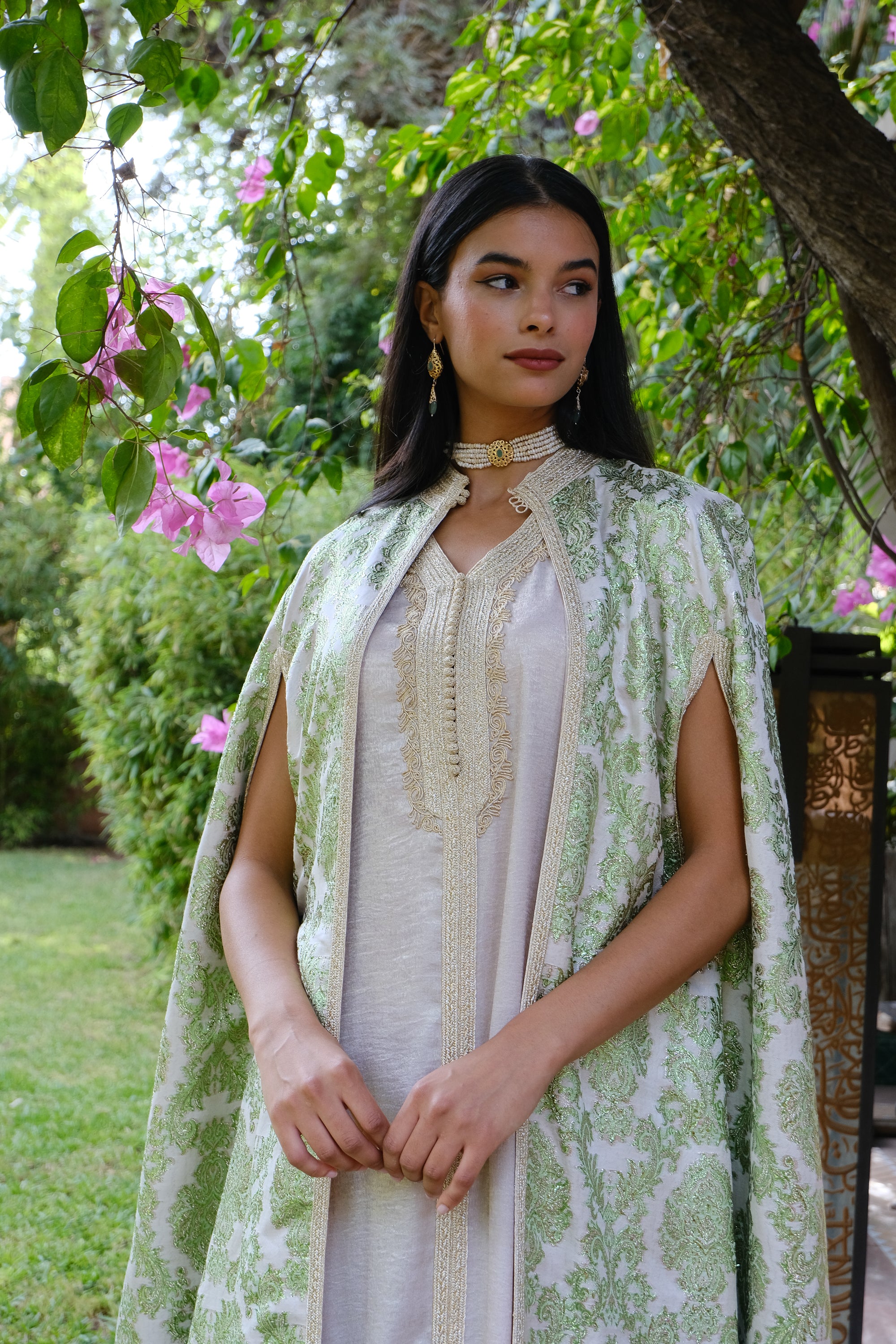 RAWDA Two-Piece Silk Kaftan & Brocade Cape Set
