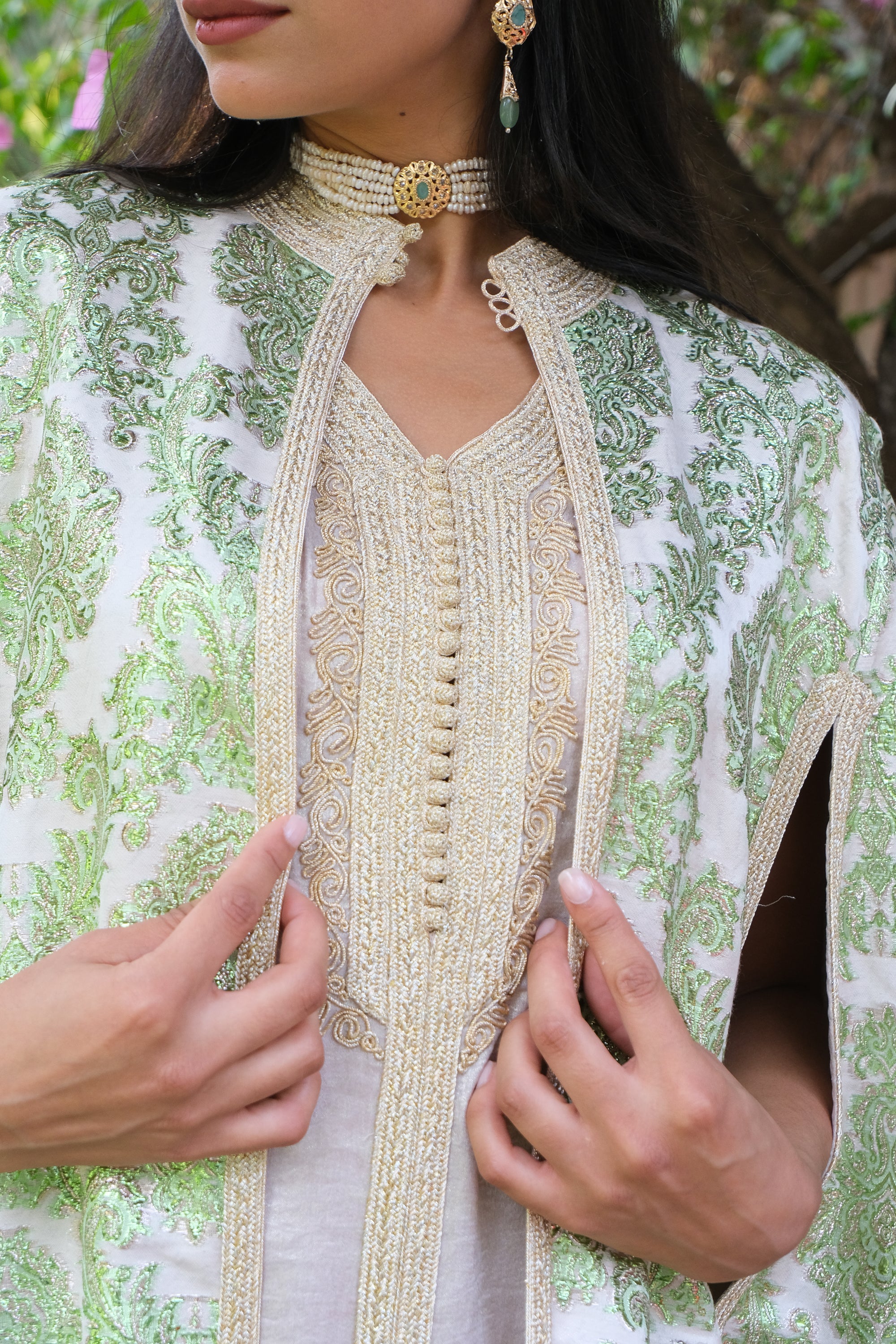 RAWDA Two-Piece Silk Kaftan & Brocade Cape Set