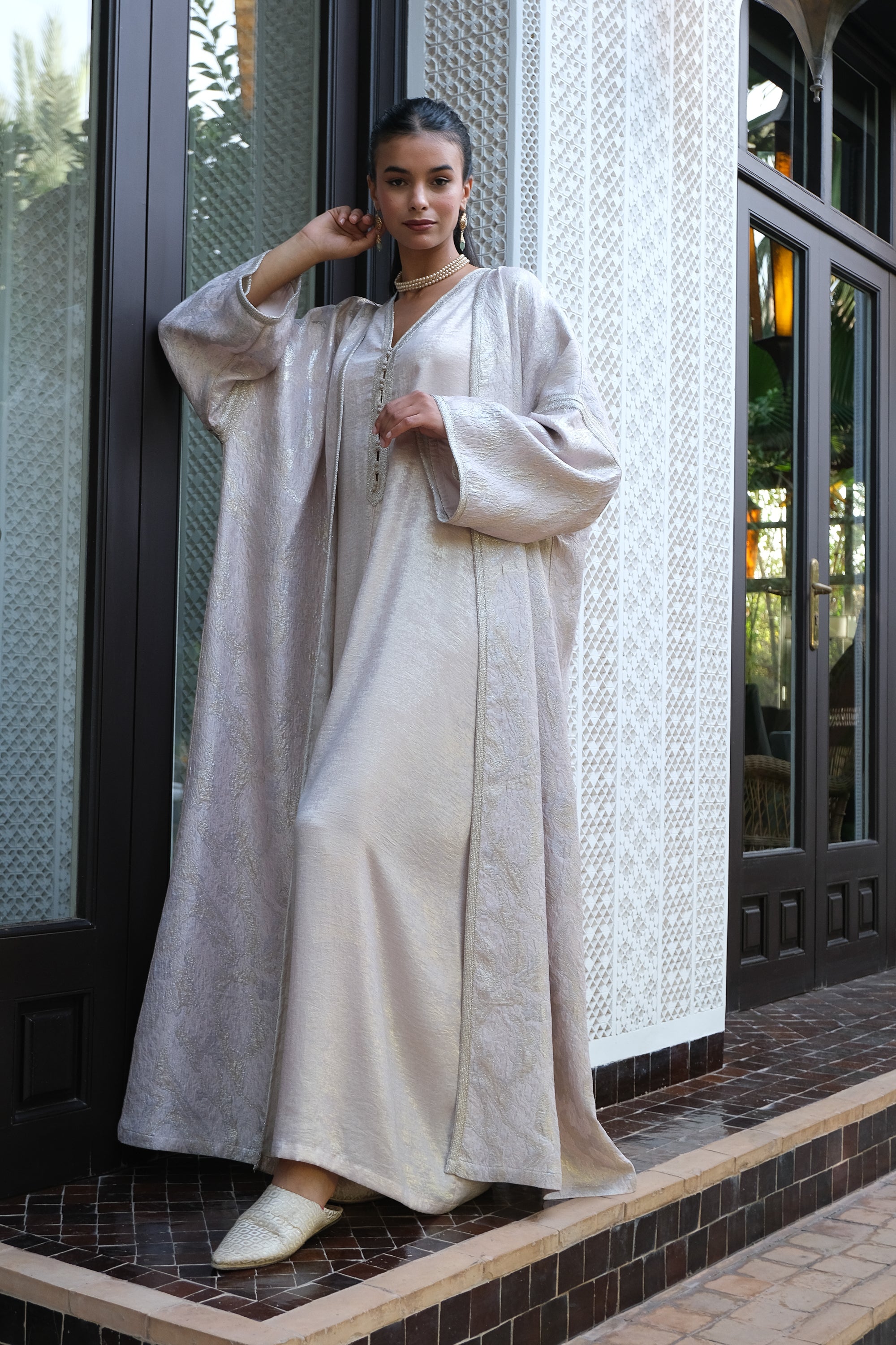 TASLIMA 2-Piece Silver Brocade Kaftan Set