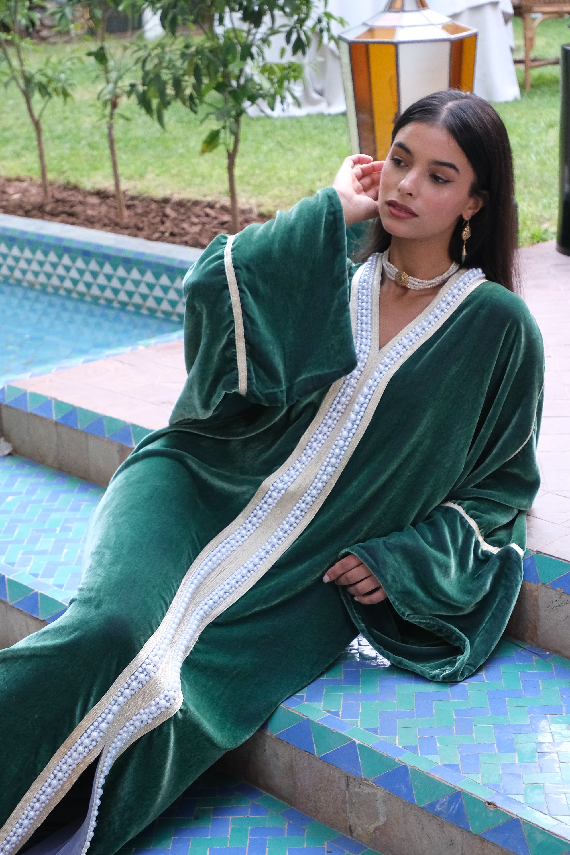 IMANEH VELVET KAFTAN WITH PEARLS