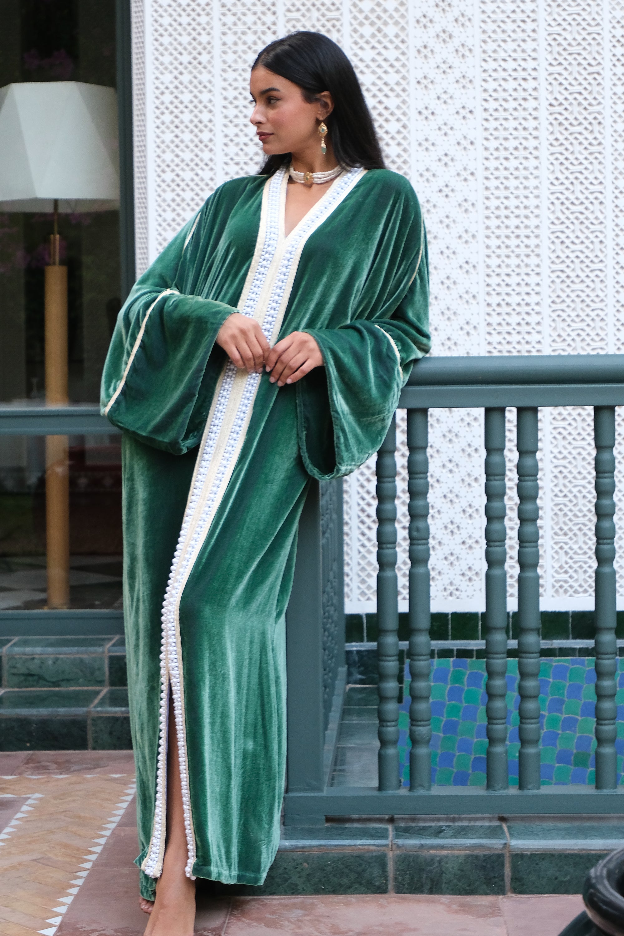 IMANEH VELVET KAFTAN WITH PEARLS