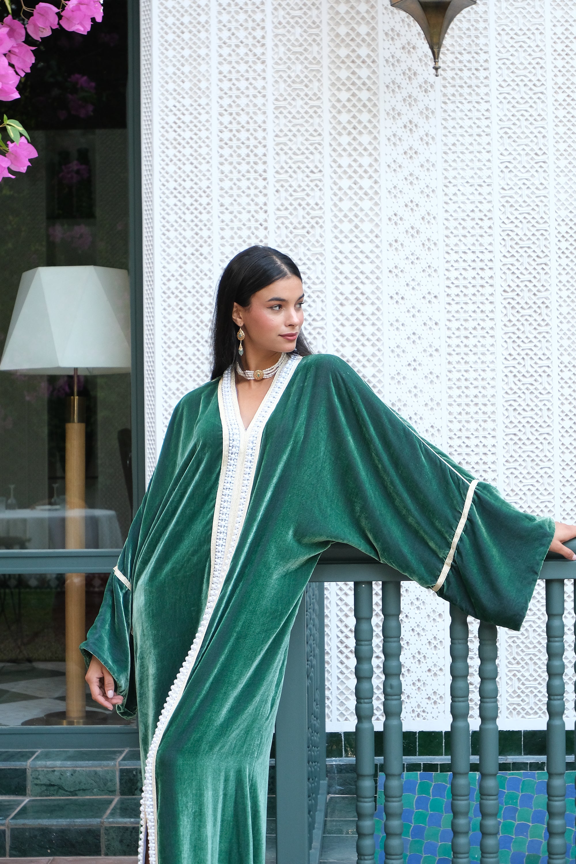 IMANEH VELVET KAFTAN WITH PEARLS