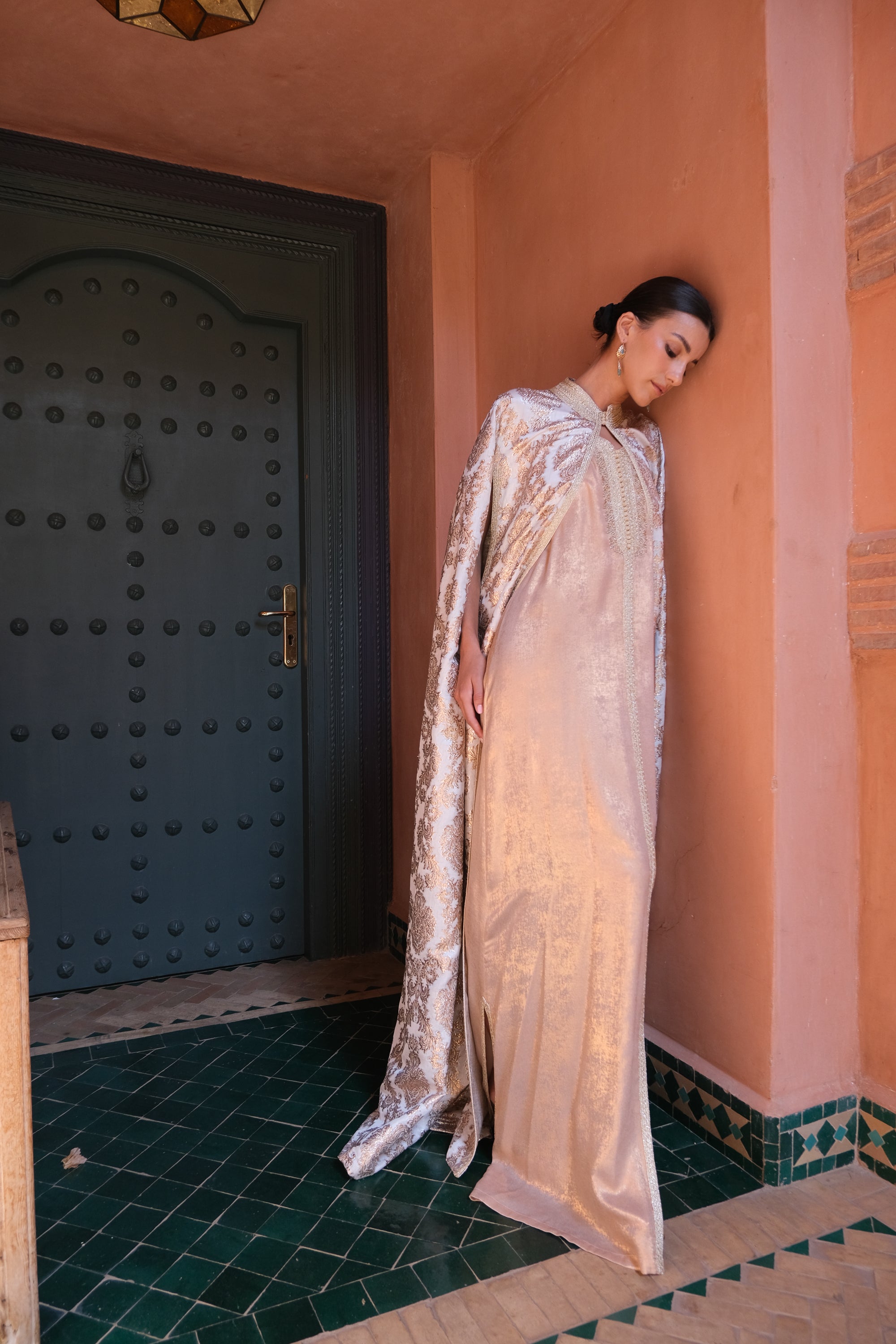 Dounia Two-Piece Silk Kaftan & Brocade Cape Set