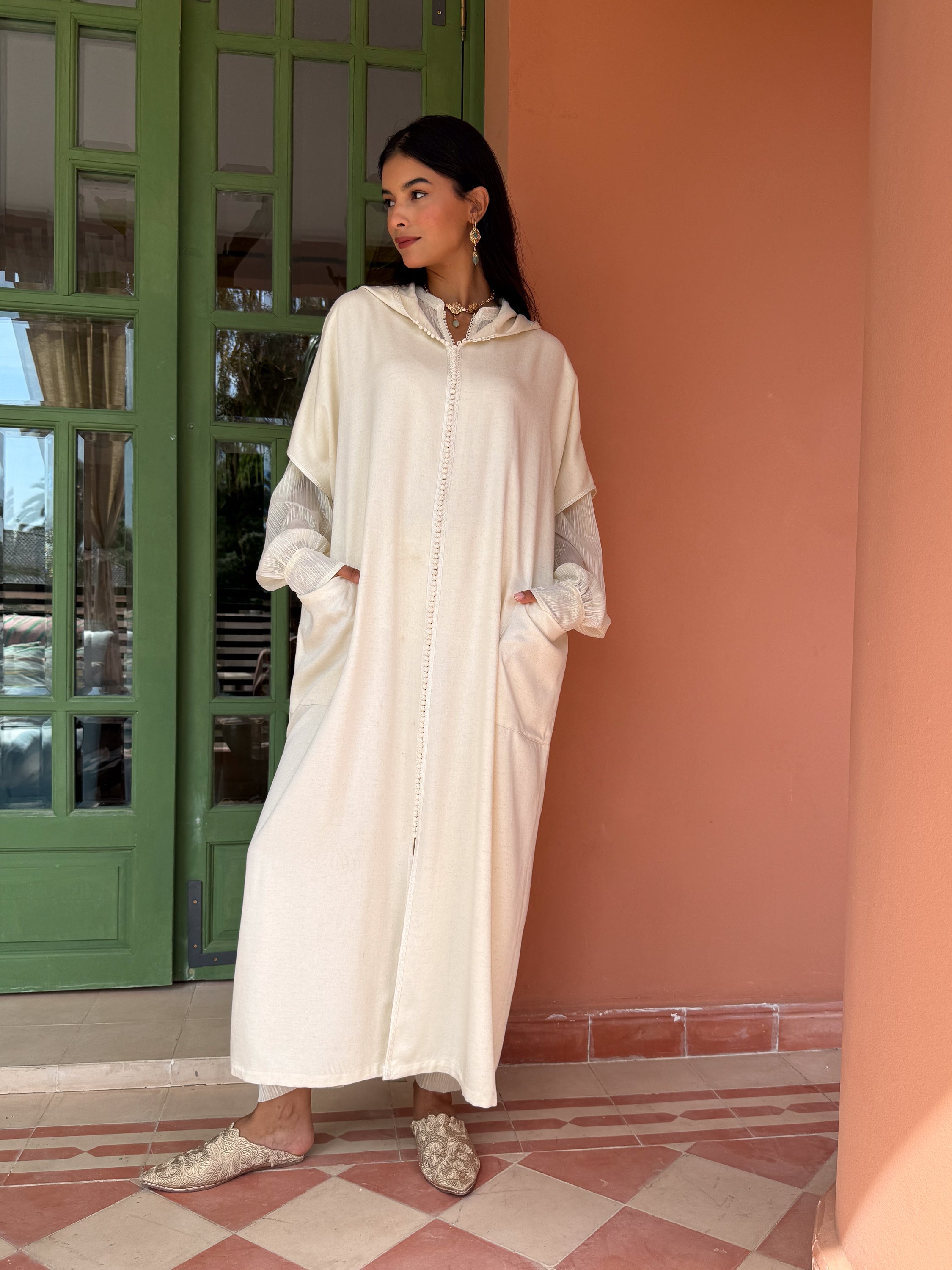 Nouh 3-Piece Linen Djellaba Set in Ivory with Iridescent Striped Muslin Shirt and Saroual