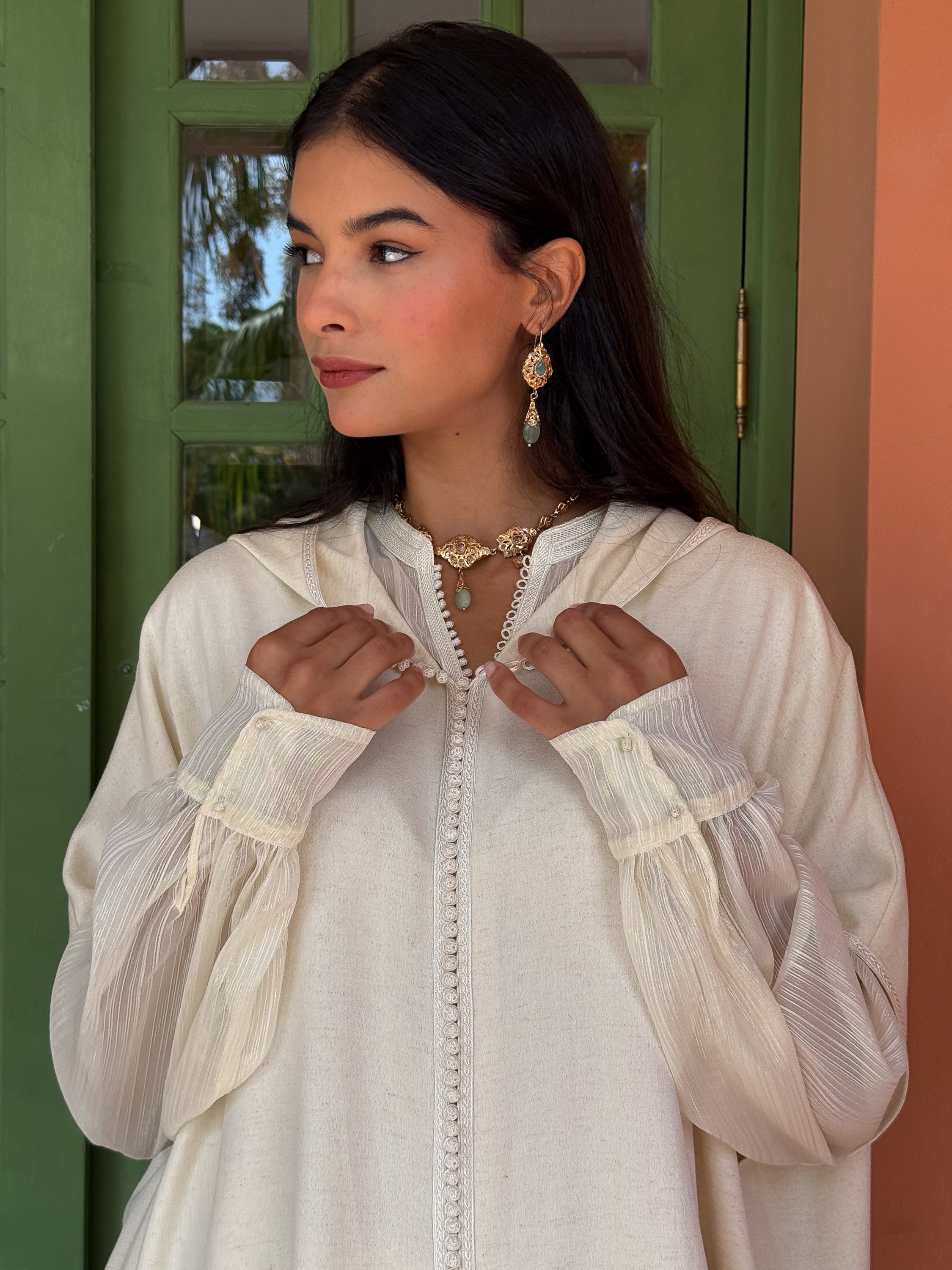 Nouh 3-Piece Linen Djellaba Set in Ivory with Iridescent Striped Muslin Shirt and Saroual