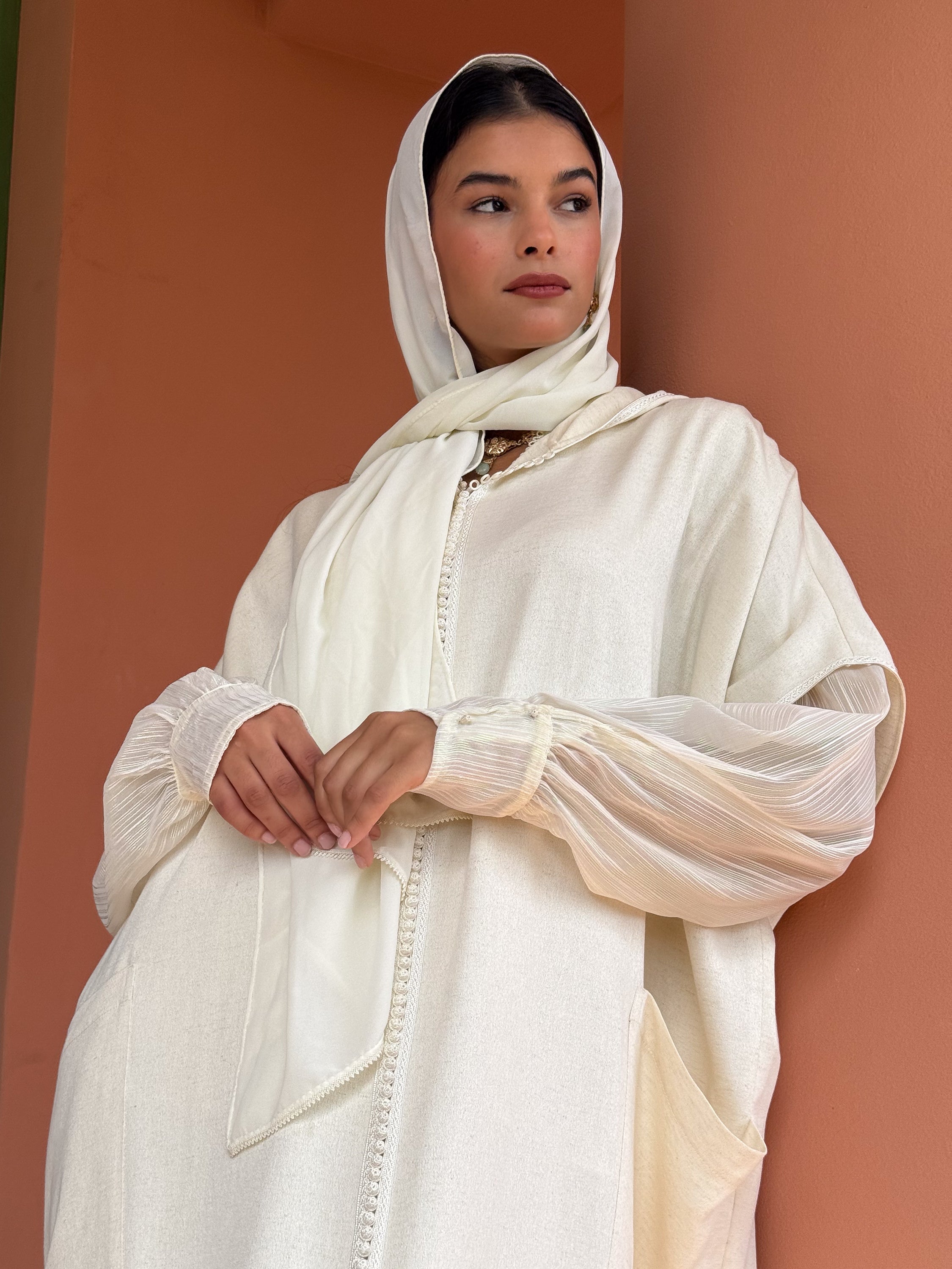 Nouh 3-Piece Linen Djellaba Set in Ivory with Iridescent Striped Muslin Shirt and Saroual