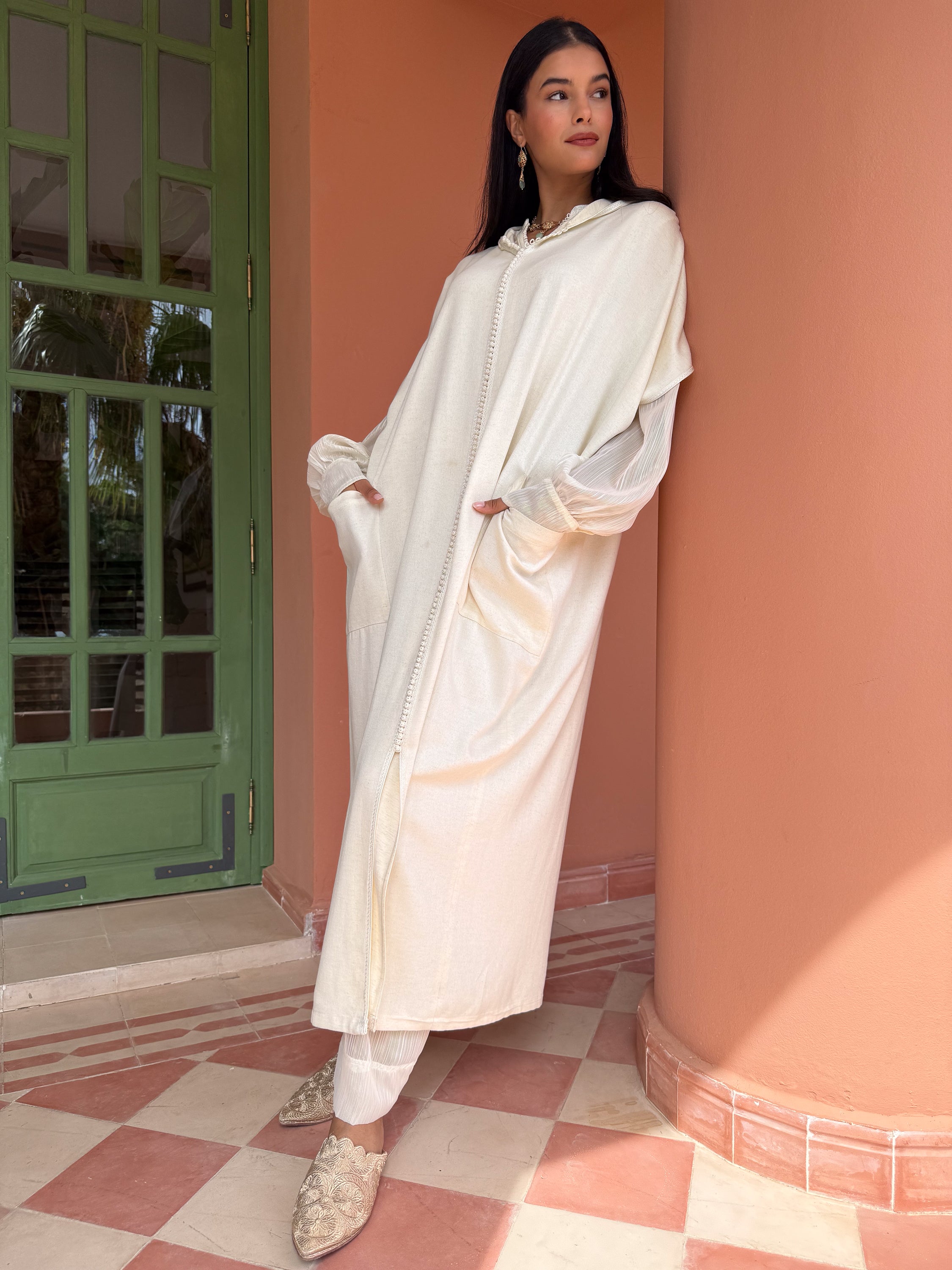 Nouh 3-Piece Linen Djellaba Set in Ivory with Iridescent Striped Muslin Shirt and Saroual