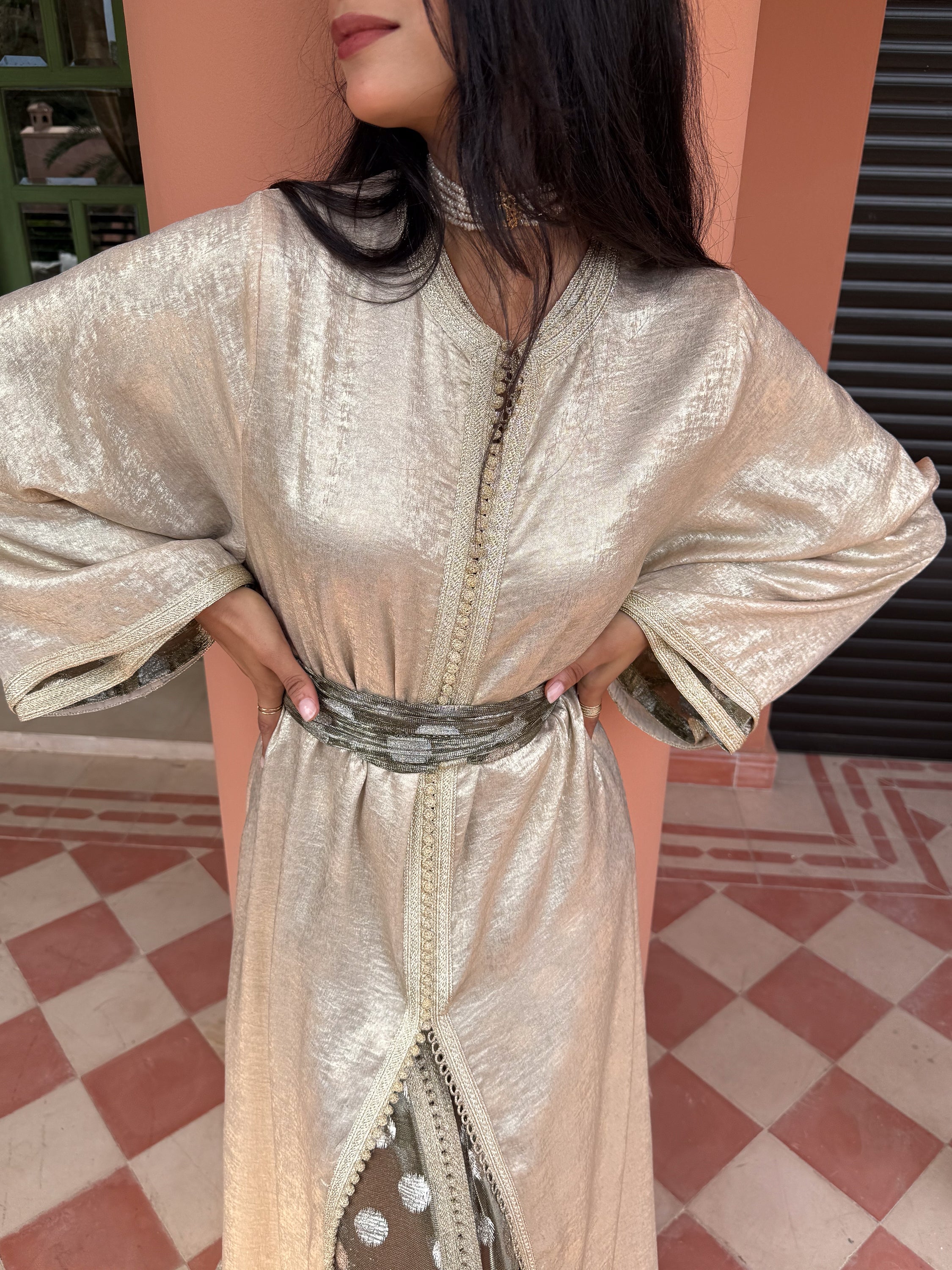 Joumala 3-Piece Set: Gold Crepe Kaftan, Sheer Muslin Kaftan & Adjustable Belt