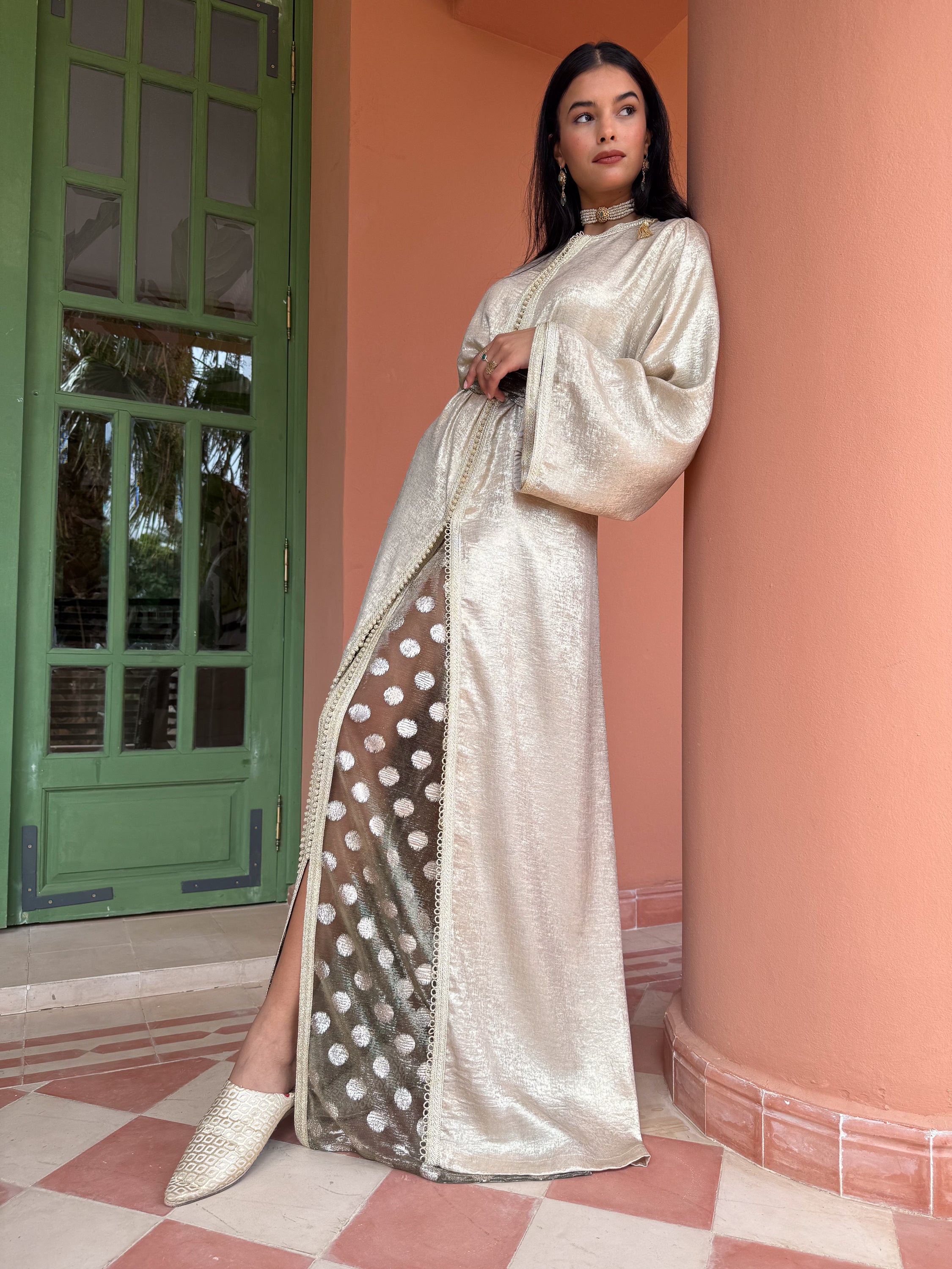Joumala 3-Piece Set: Gold Crepe Kaftan, Sheer Muslin Kaftan & Adjustable Belt
