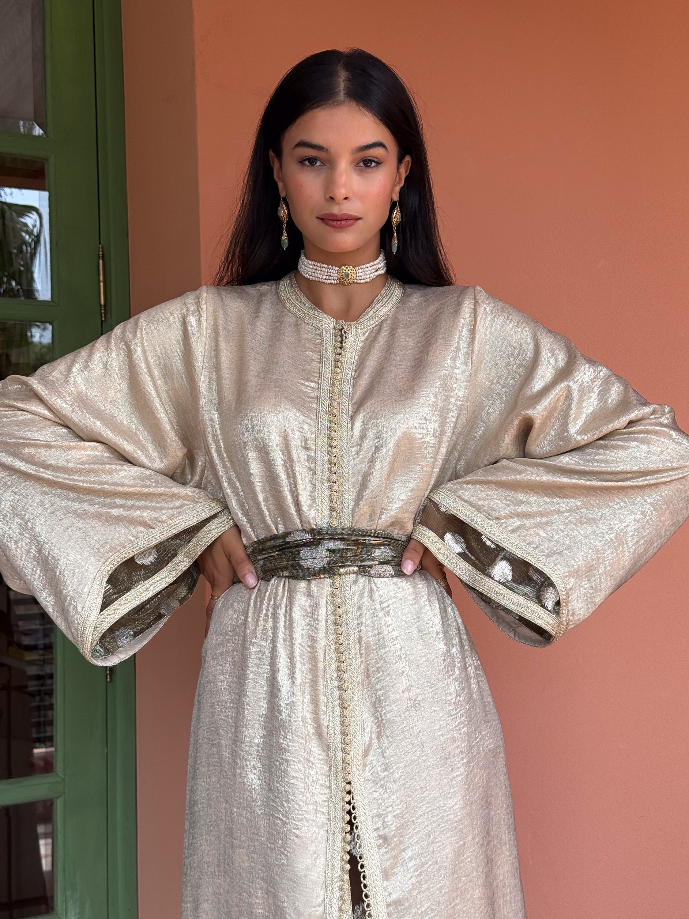 Joumala 3-Piece Set: Gold Crepe Kaftan, Sheer Muslin Kaftan & Adjustable Belt