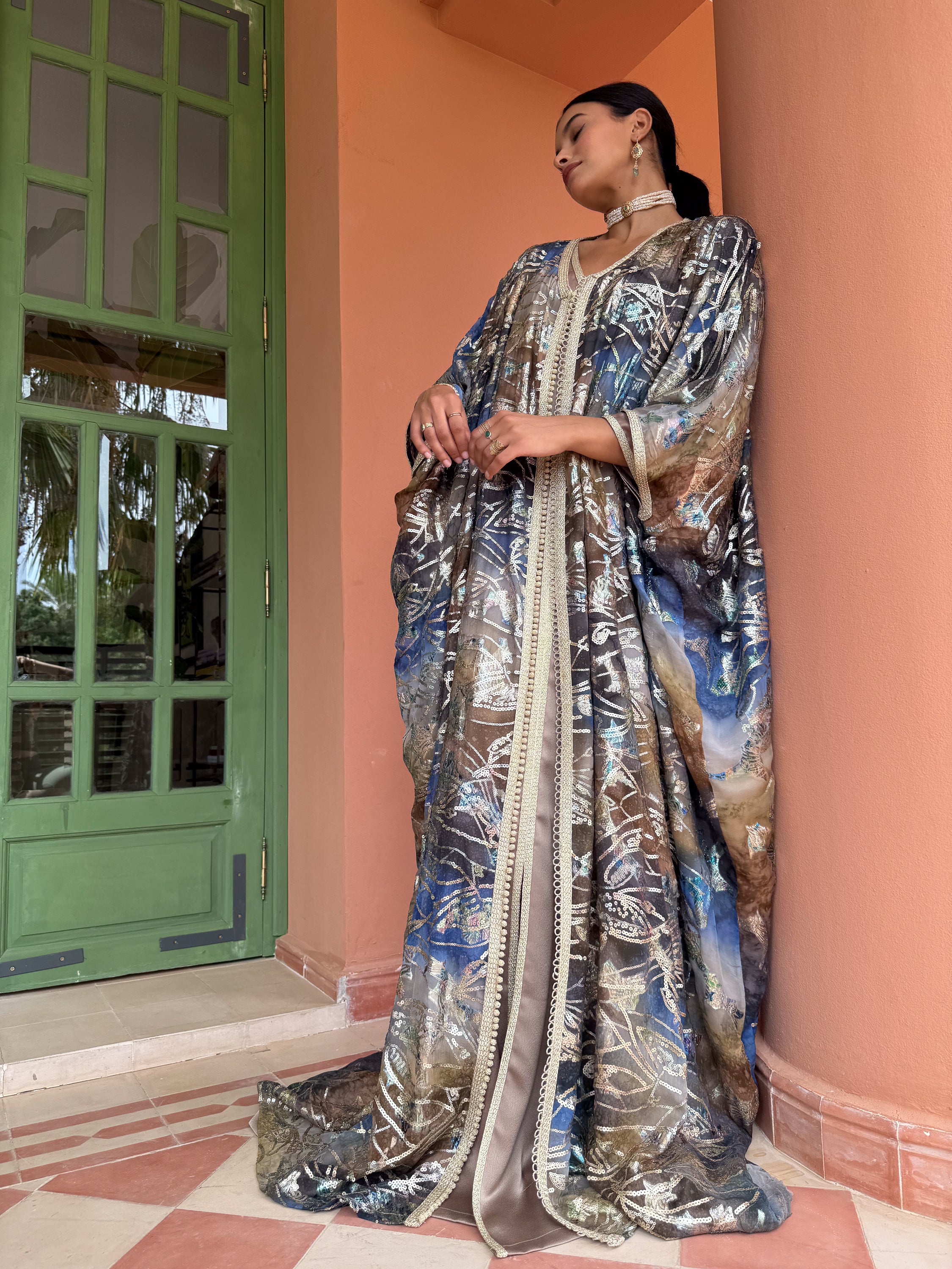 Hafsa 2-Piece Metallic Embroidered Kaftan in Bronze & Blue