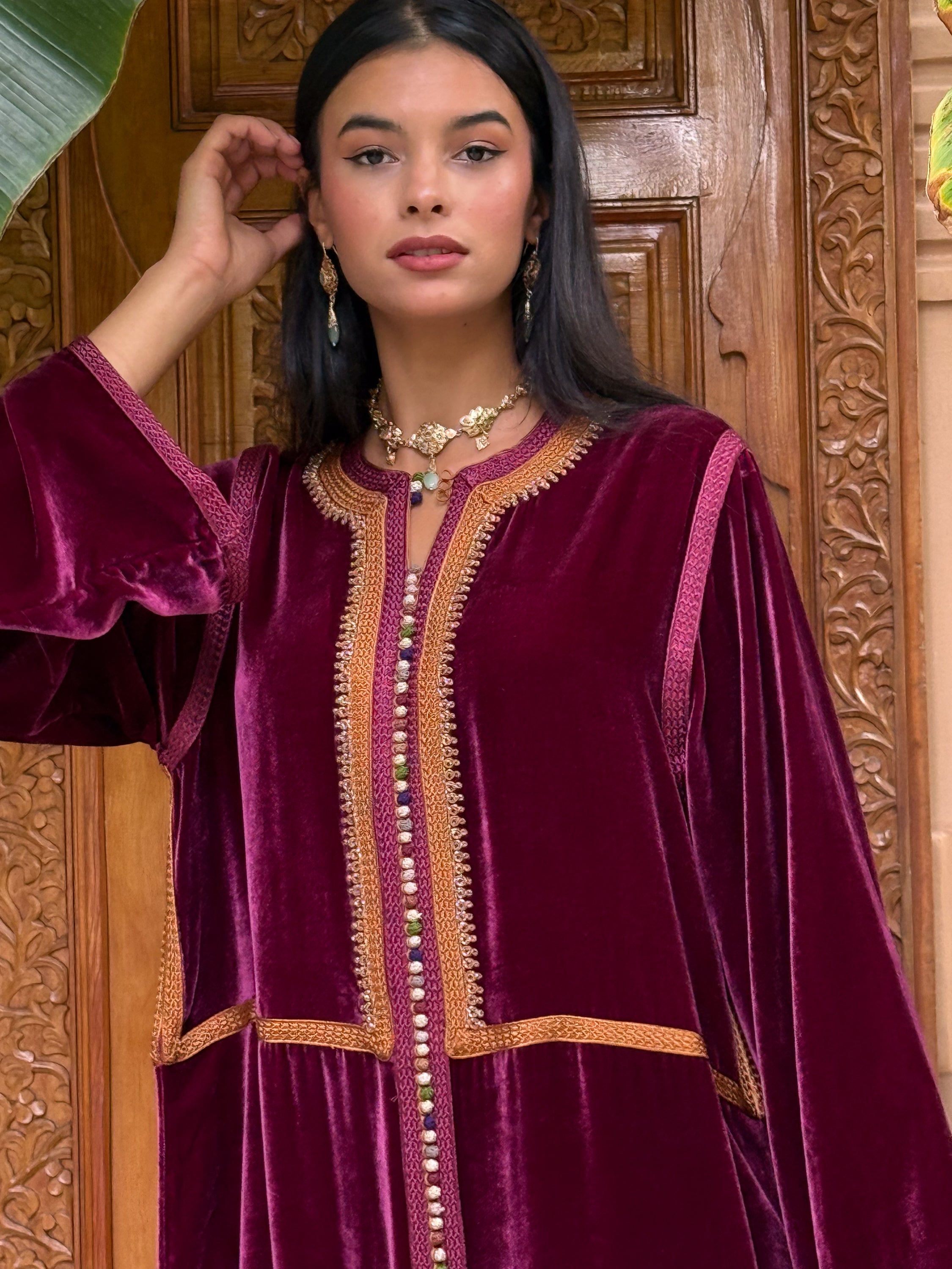 Aya Velvet Kaftan in Deep Plum with Embroidered Trompe-l’Œil Gilet