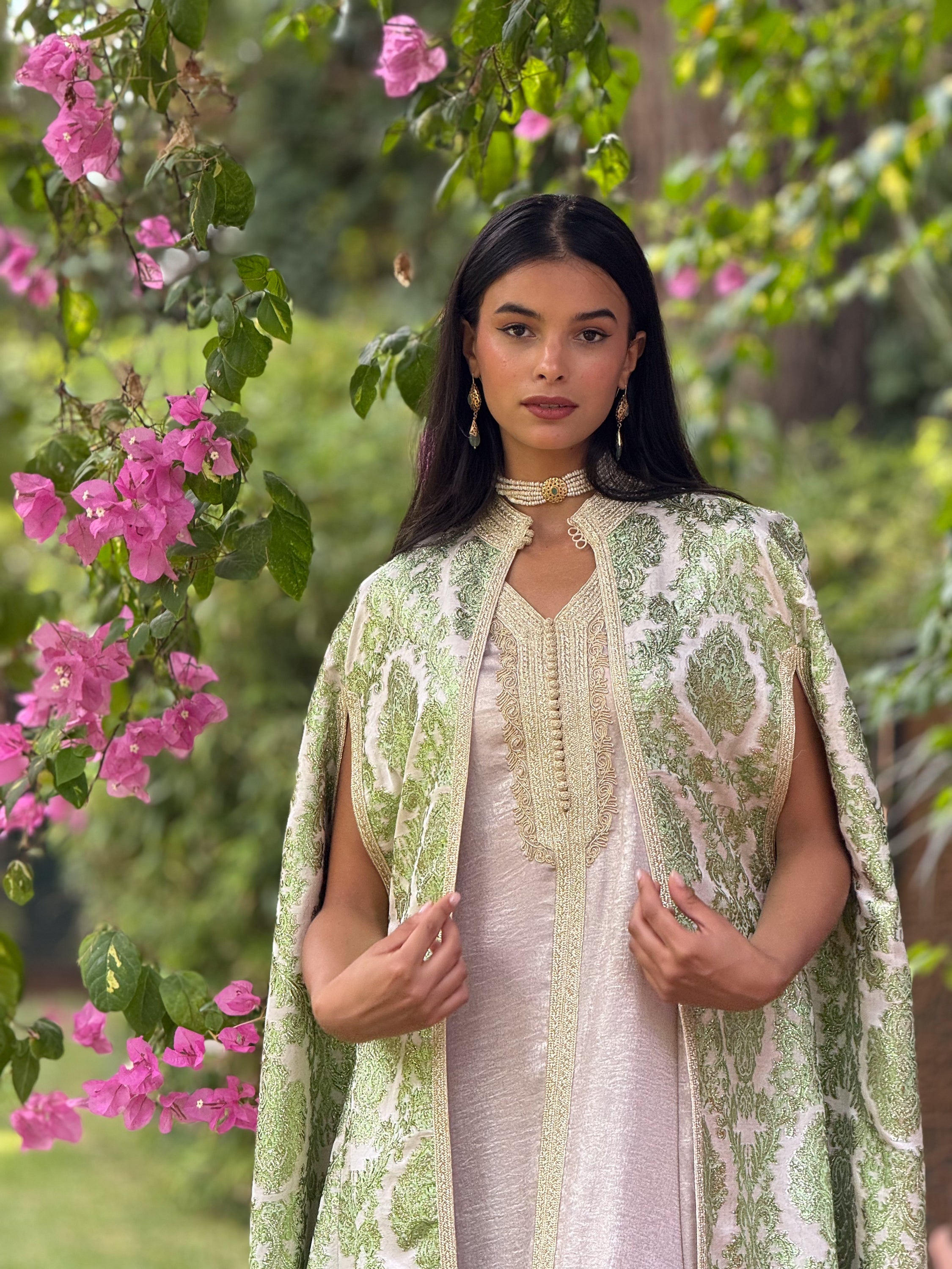 RAWDA Two-Piece Silk Kaftan & Brocade Cape Set