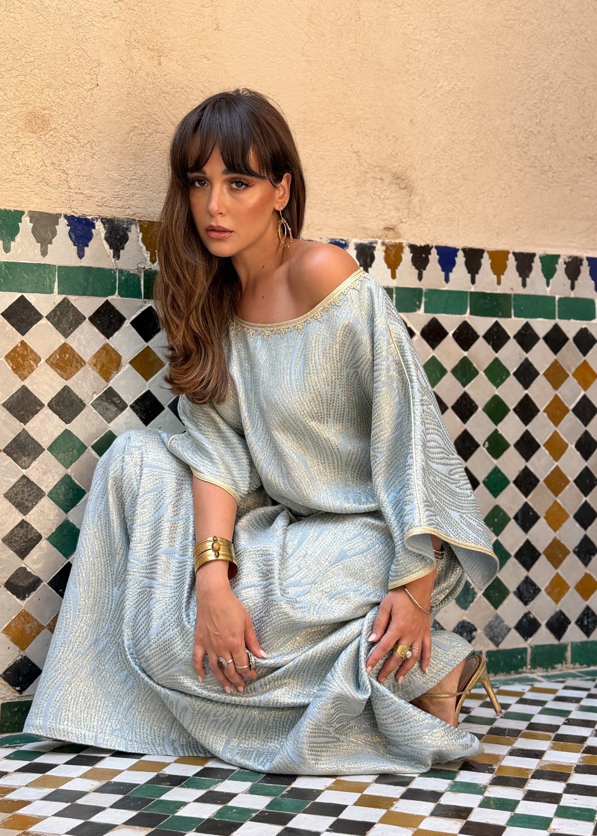 Basima Sky Blue Jacquard Kaftan by Moroccan Touch