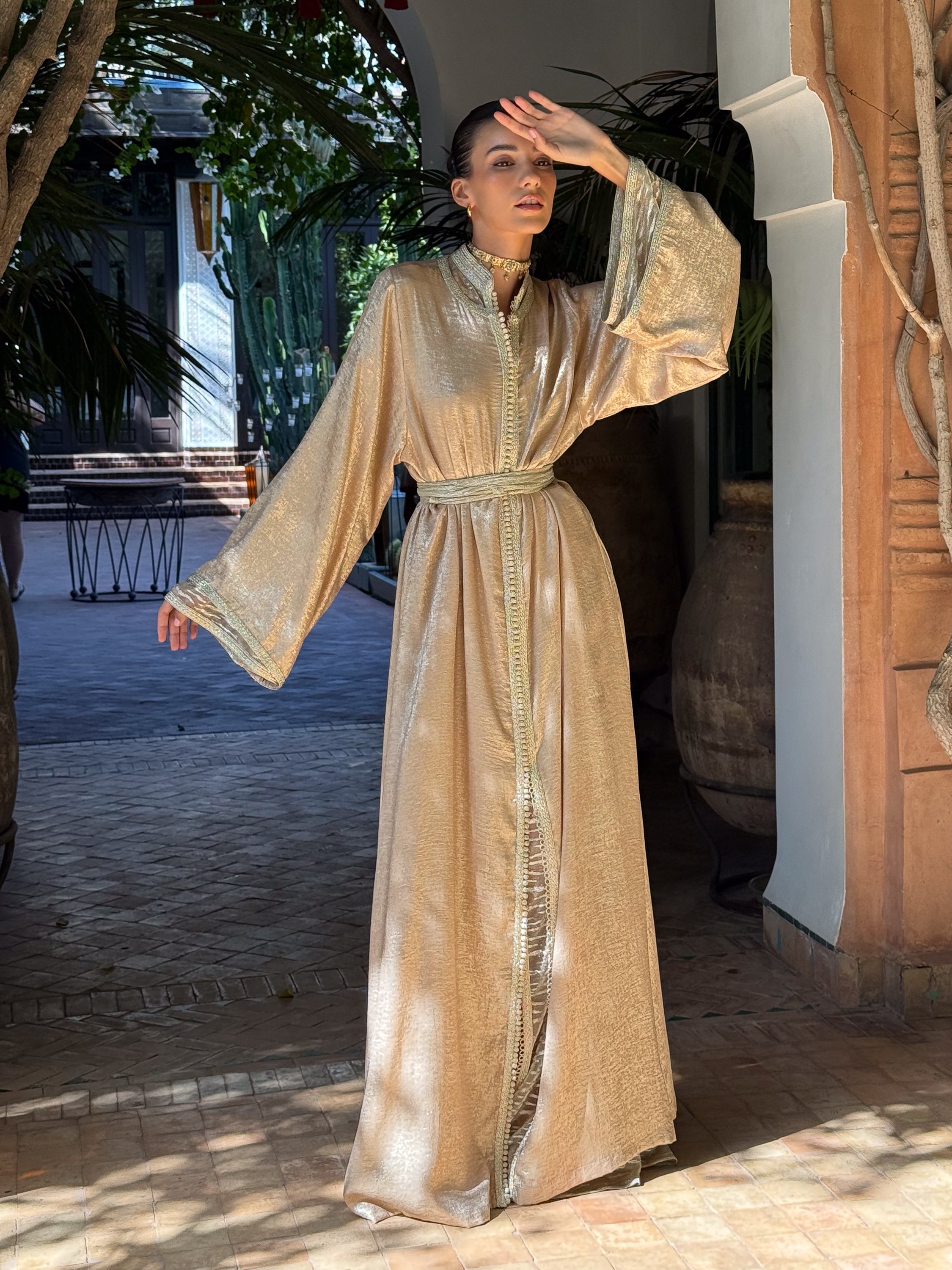 Joumala 3-Piece Set: Gold Crepe Kaftan, Sheer Muslin Kaftan & Adjustable Belt