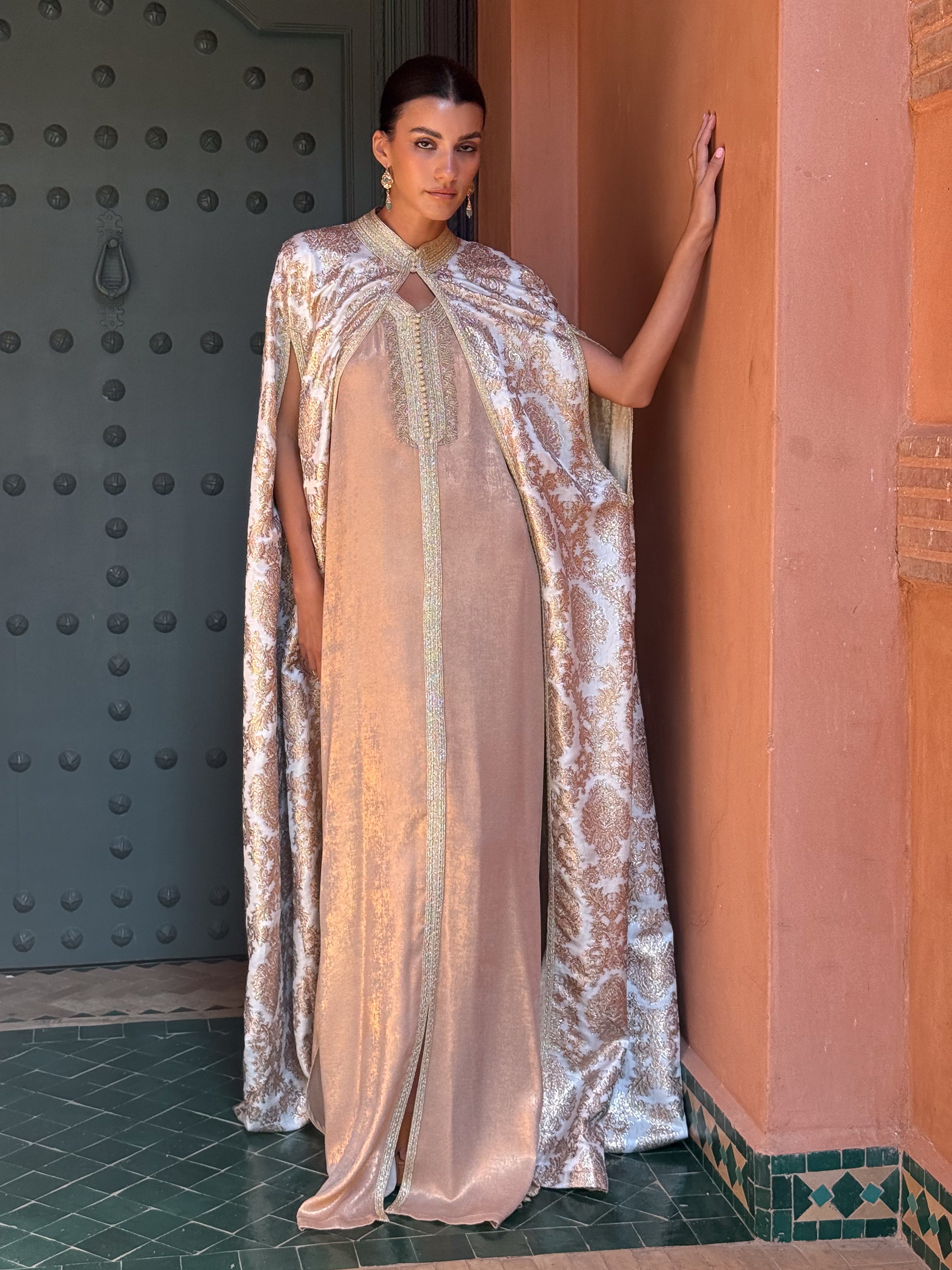 Dounia Two-Piece Silk Kaftan & Brocade Cape Set