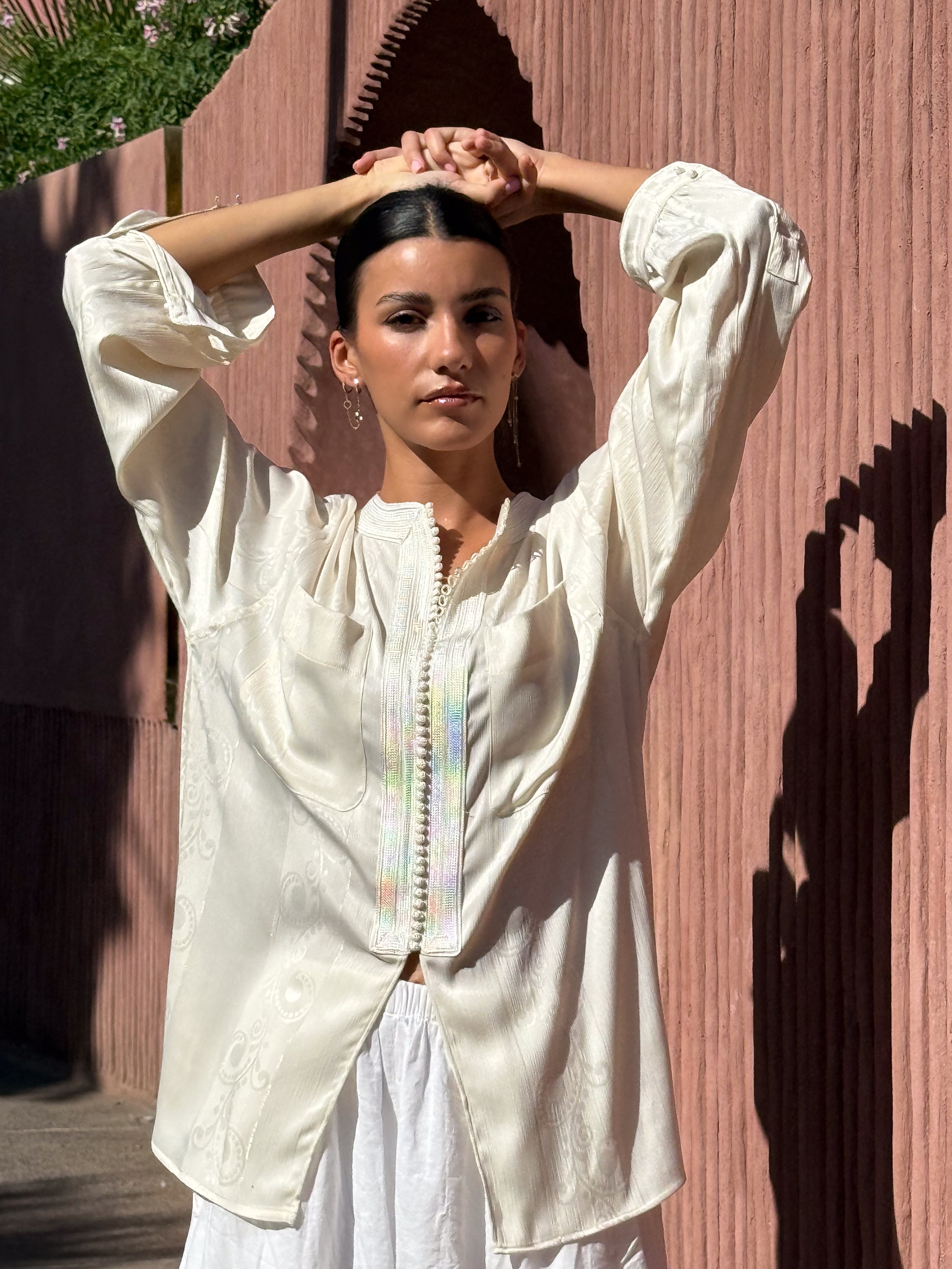 Naim Ivory Viscose Shirt with Graphic Sfifa Detail