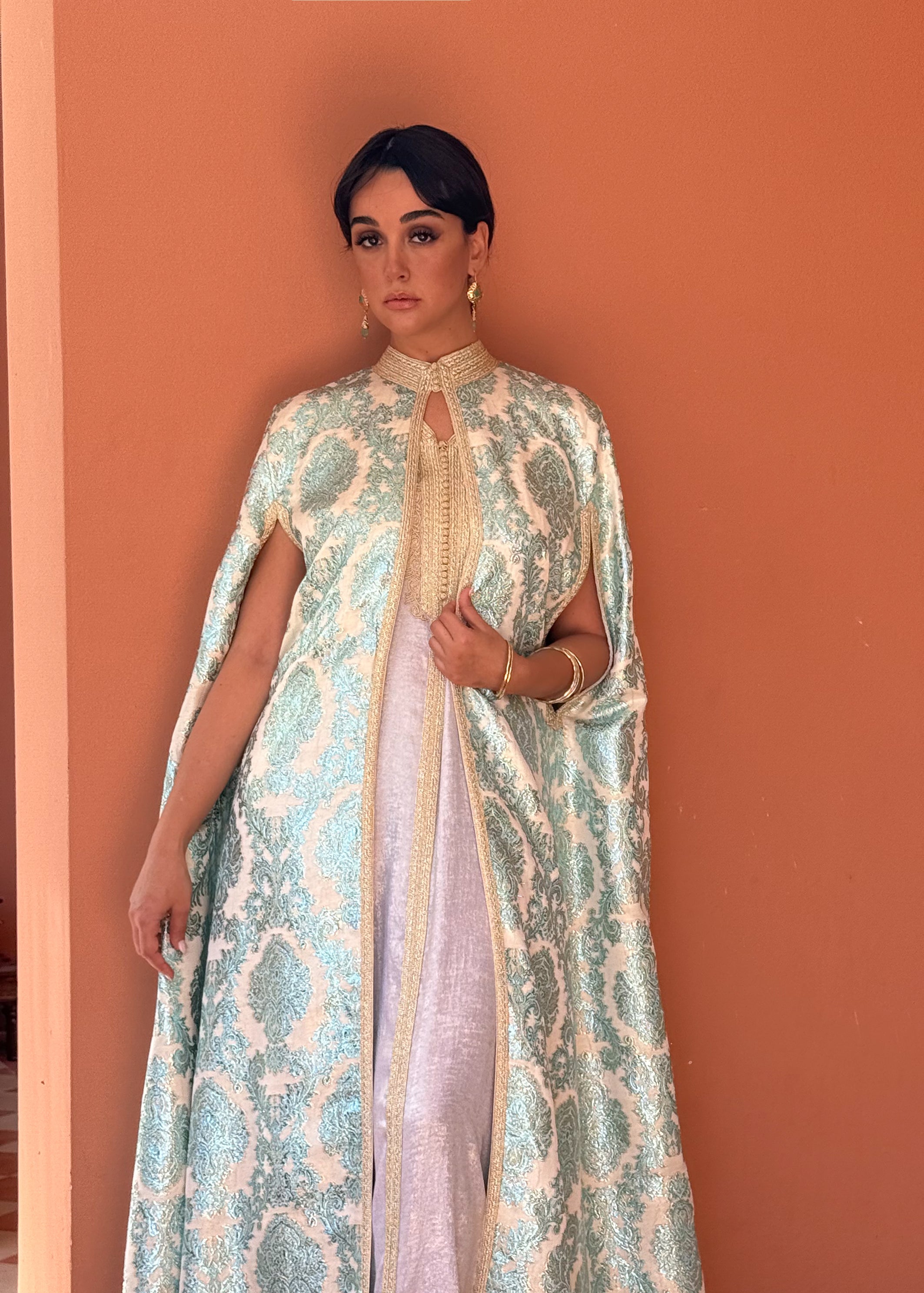 AMNA two-Piece Silk Kaftan & Brocade Cape Set