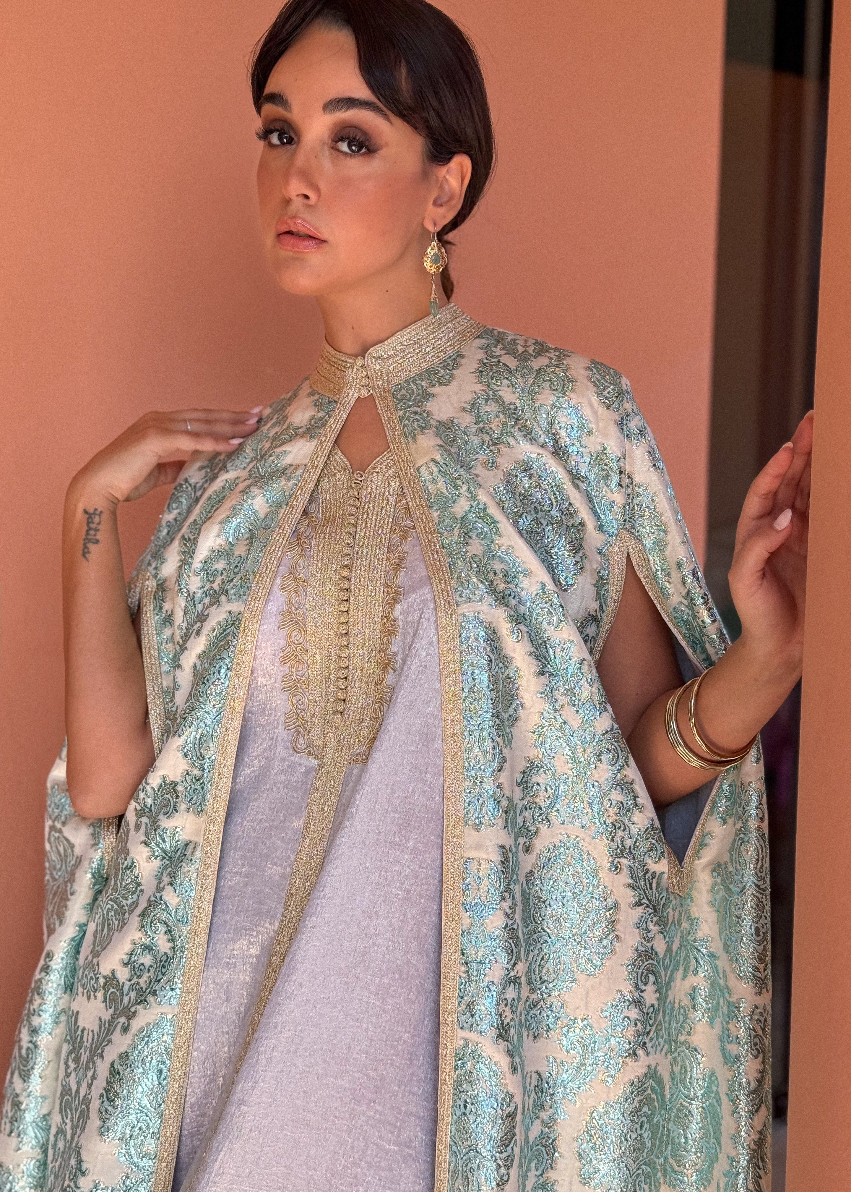 AMNA two-Piece Silk Kaftan & Brocade Cape Set