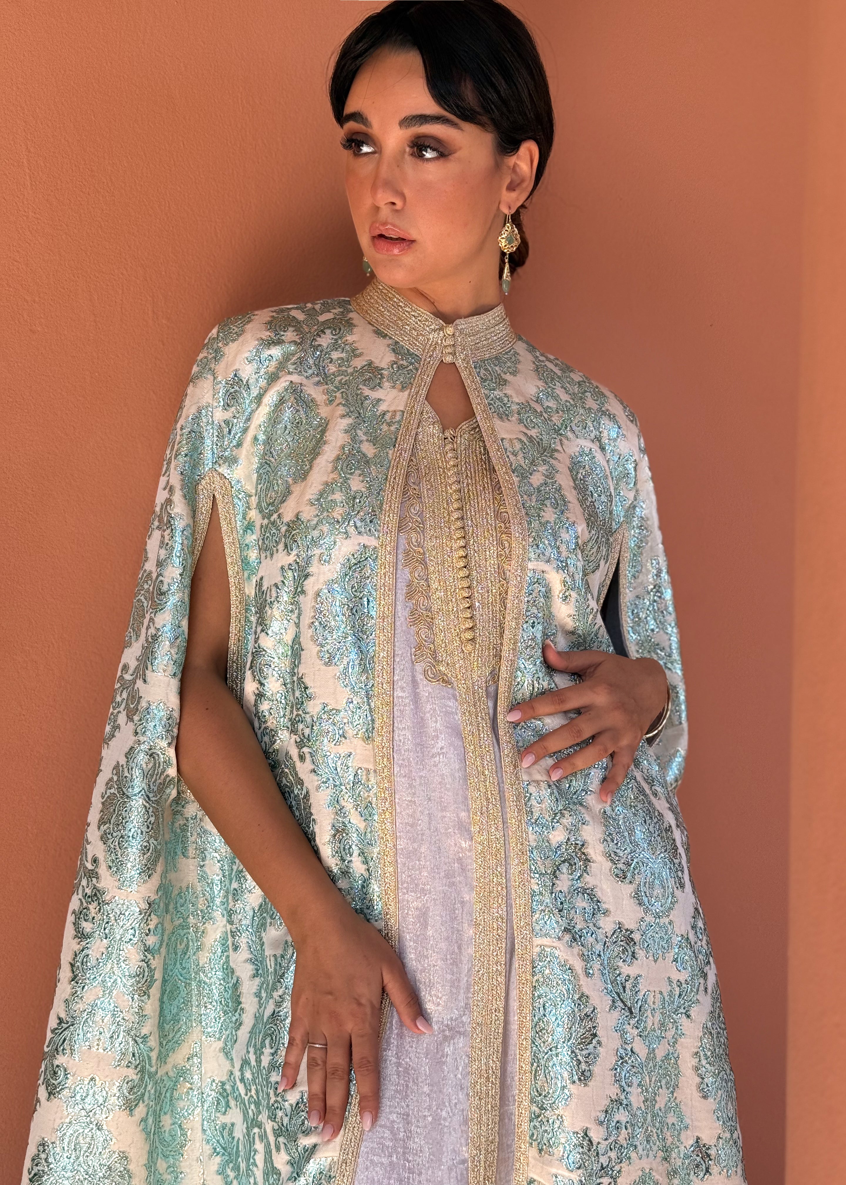 AMNA two-Piece Silk Kaftan & Brocade Cape Set