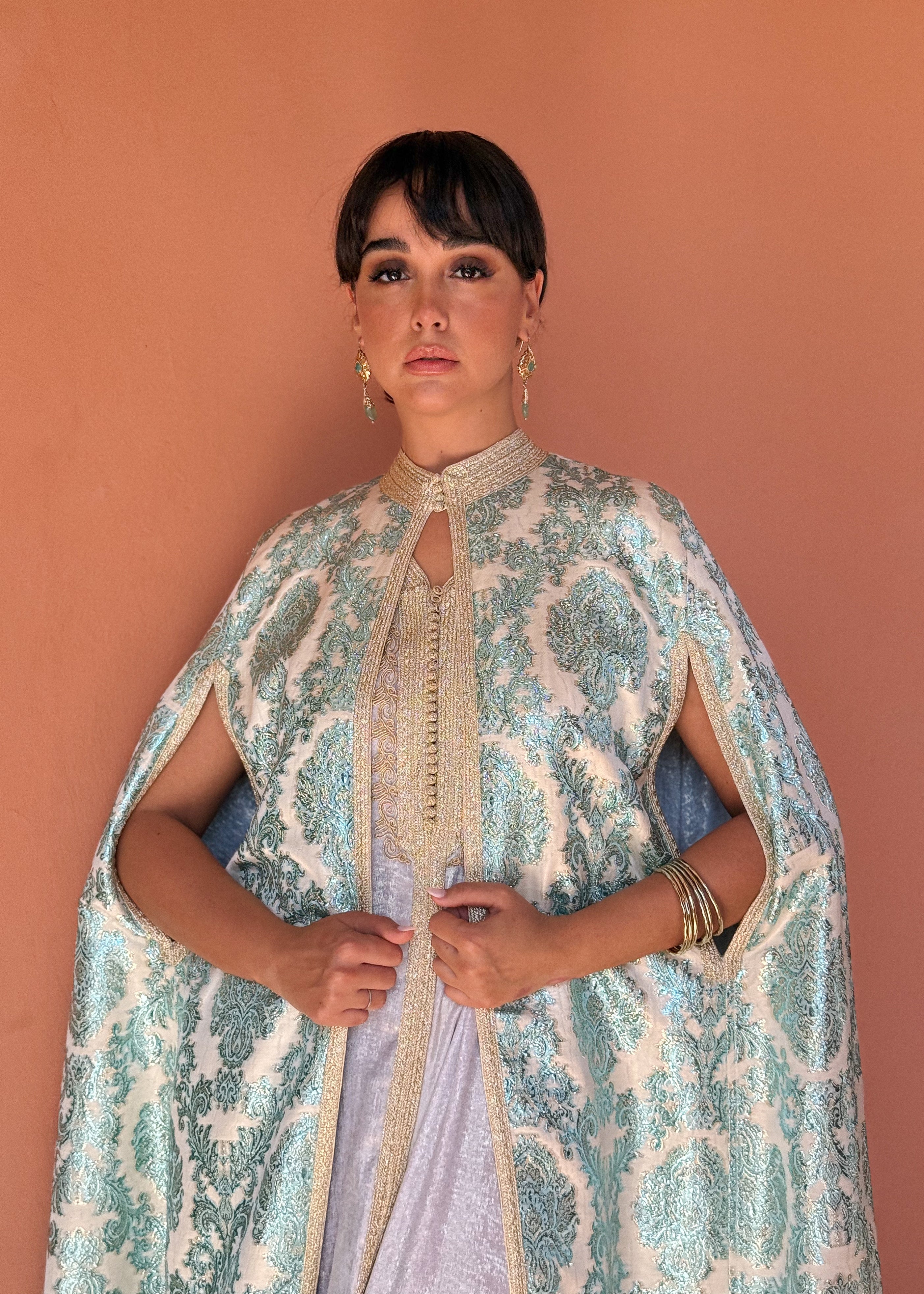 AMNA two-Piece Silk Kaftan & Brocade Cape Set