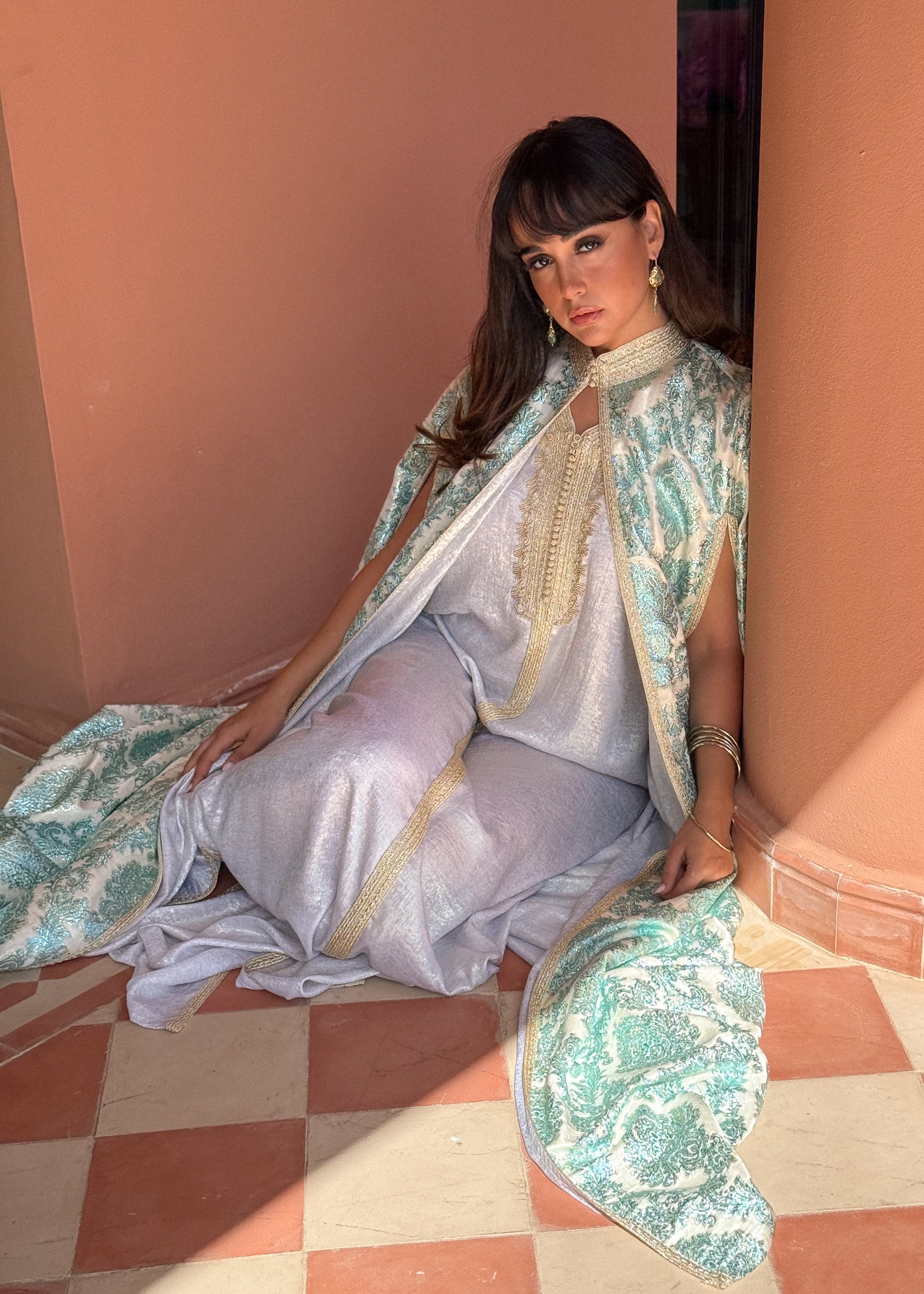 AMNA two-Piece Silk Kaftan & Brocade Cape Set