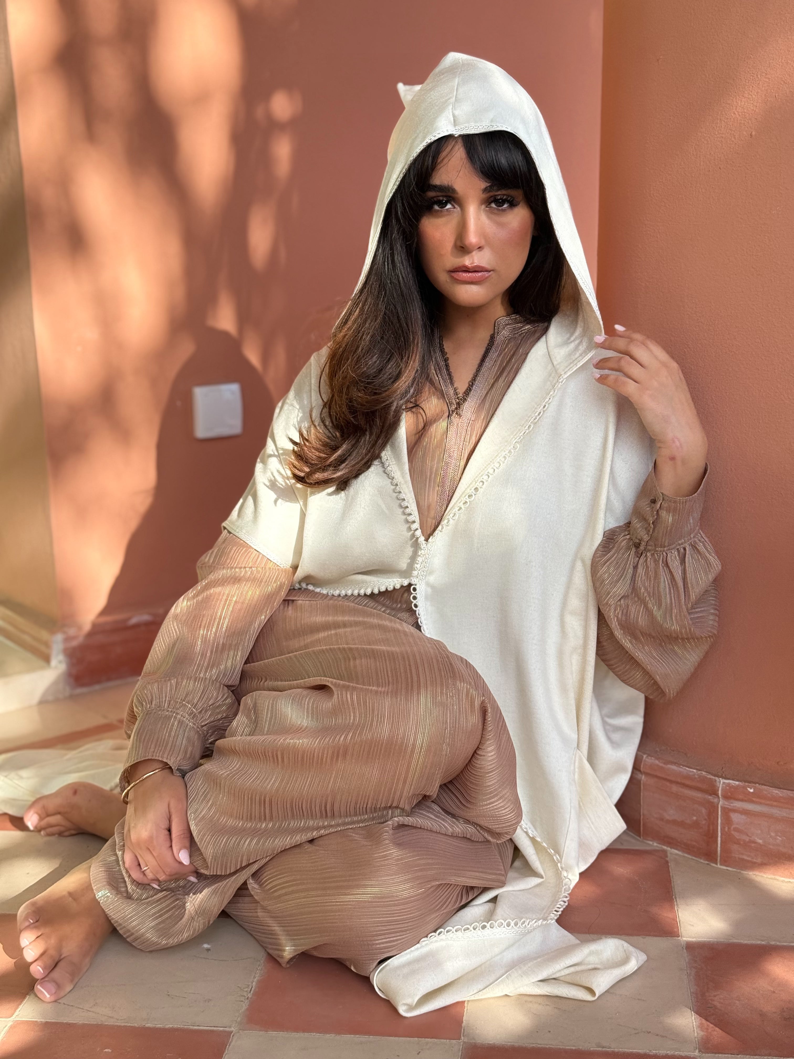 Nouh 3-Piece Linen Djellaba Set in Ivory with Iridescent Striped Muslin Shirt and Saroual