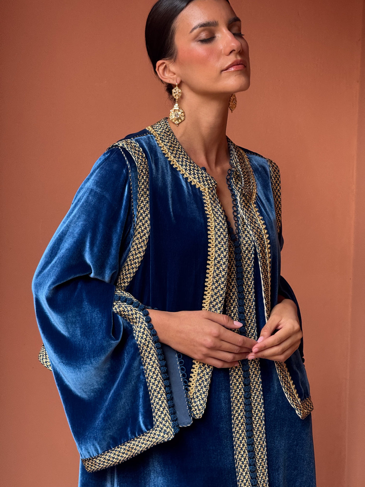 Anisa Silk Velvet Kaftan & Vest Set – Blue – view 1