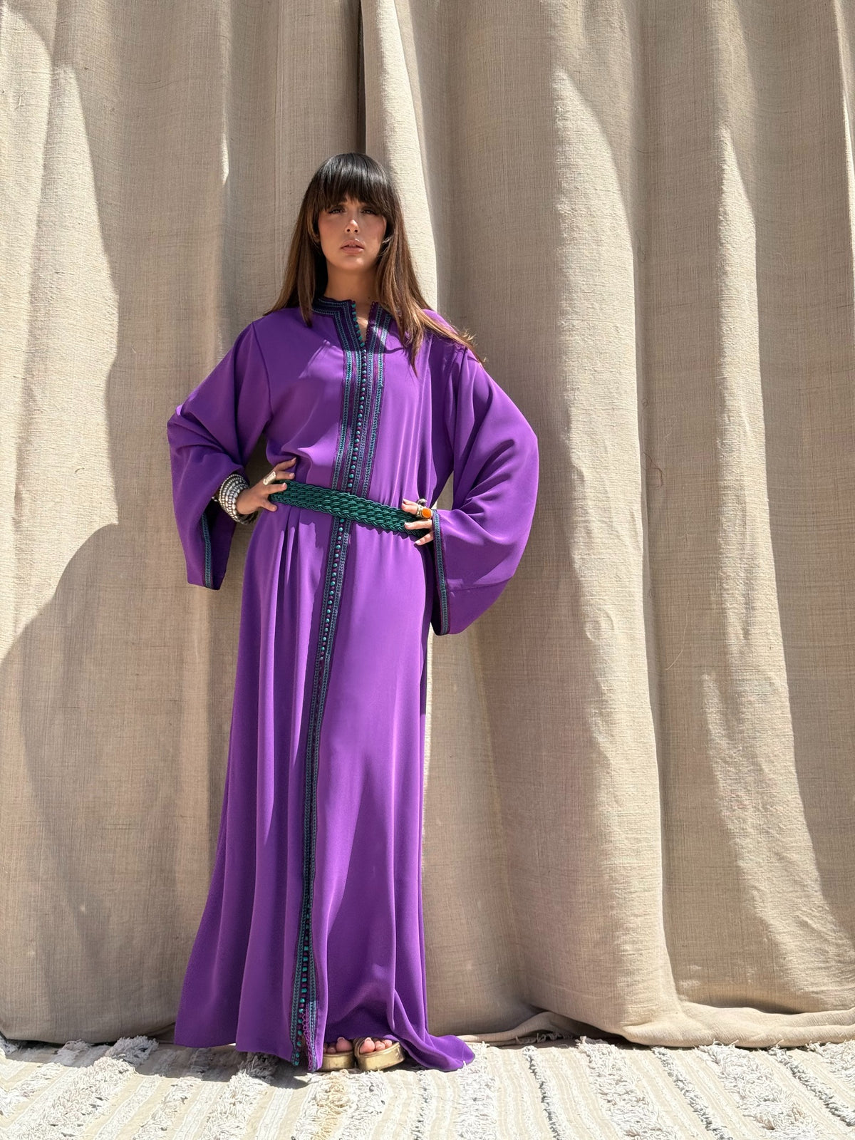 Basma purple kaftan, full front view; styling belt not included