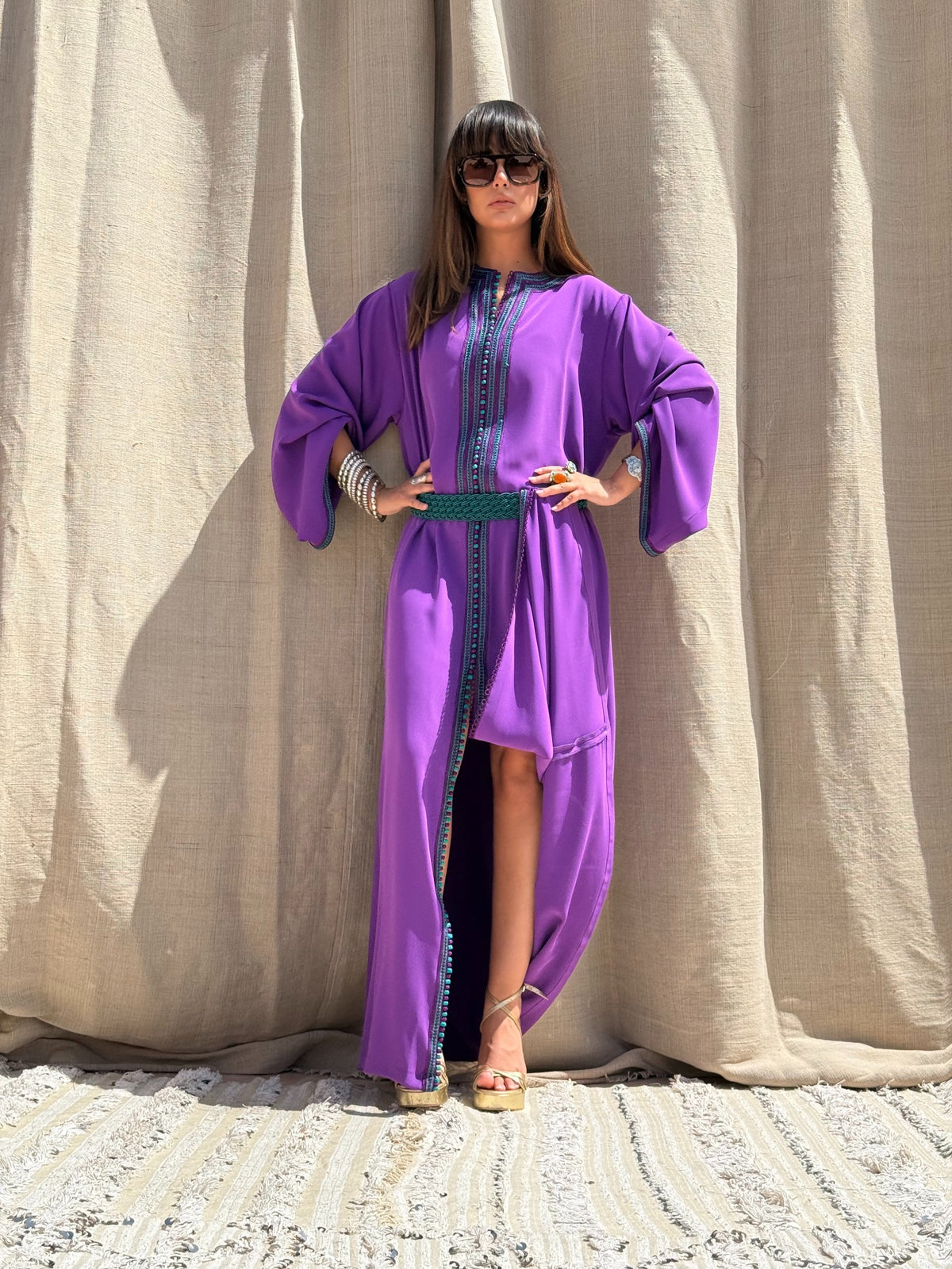Basma purple kaftan, full-length styled view; belt not included