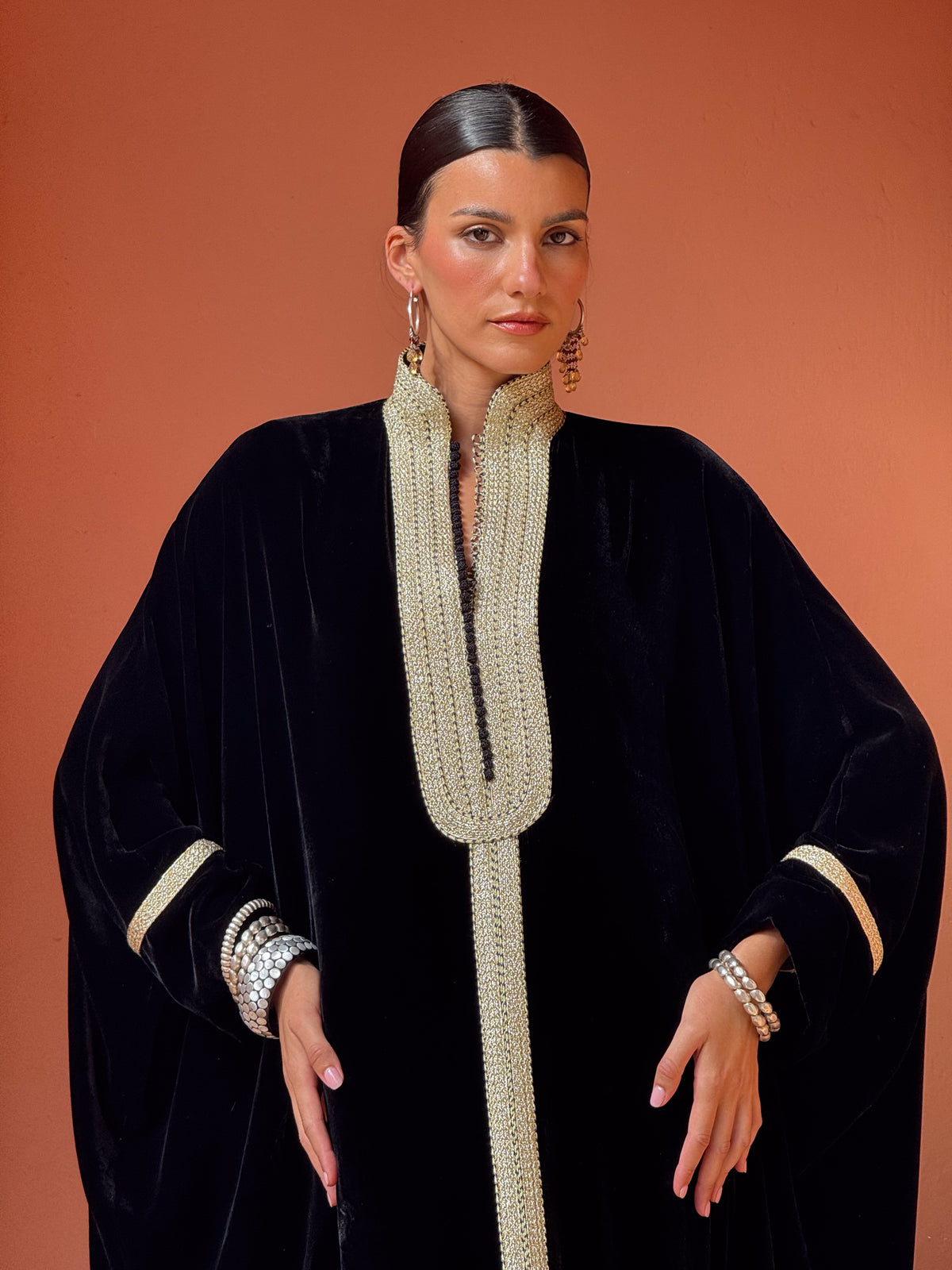 Dareen Silk Velvet Kaftan – Black – view 3