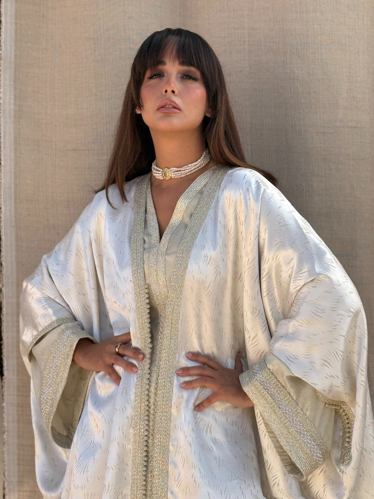 Esme two-piece Kaftan in cream — front detail