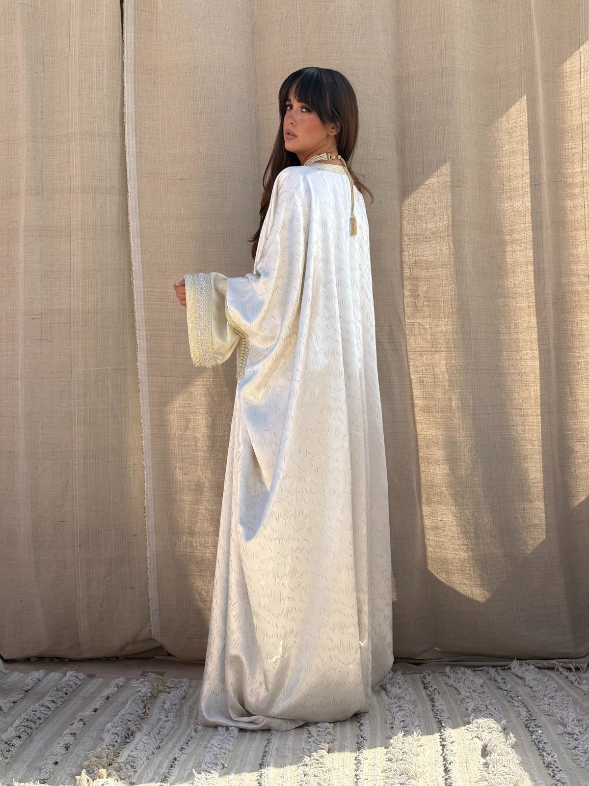 Esme two-piece Kaftan in cream — side and back view