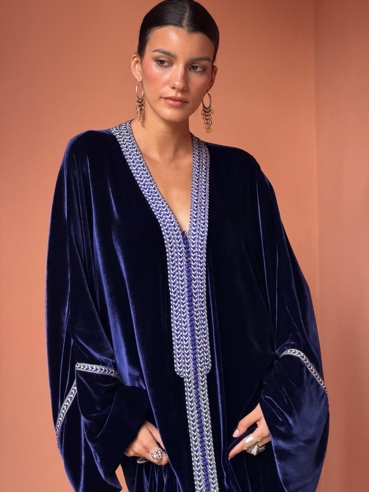 Fayha Silk Velvet Kaftan – Blue – view 1