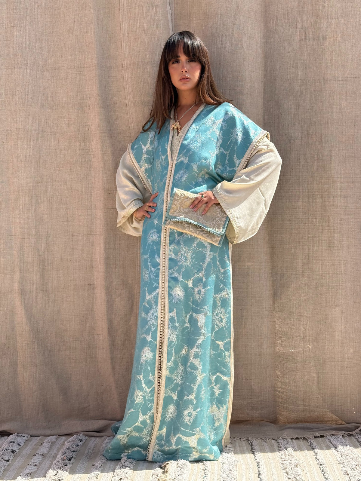 Loubna blue kaftan, full-length styled view