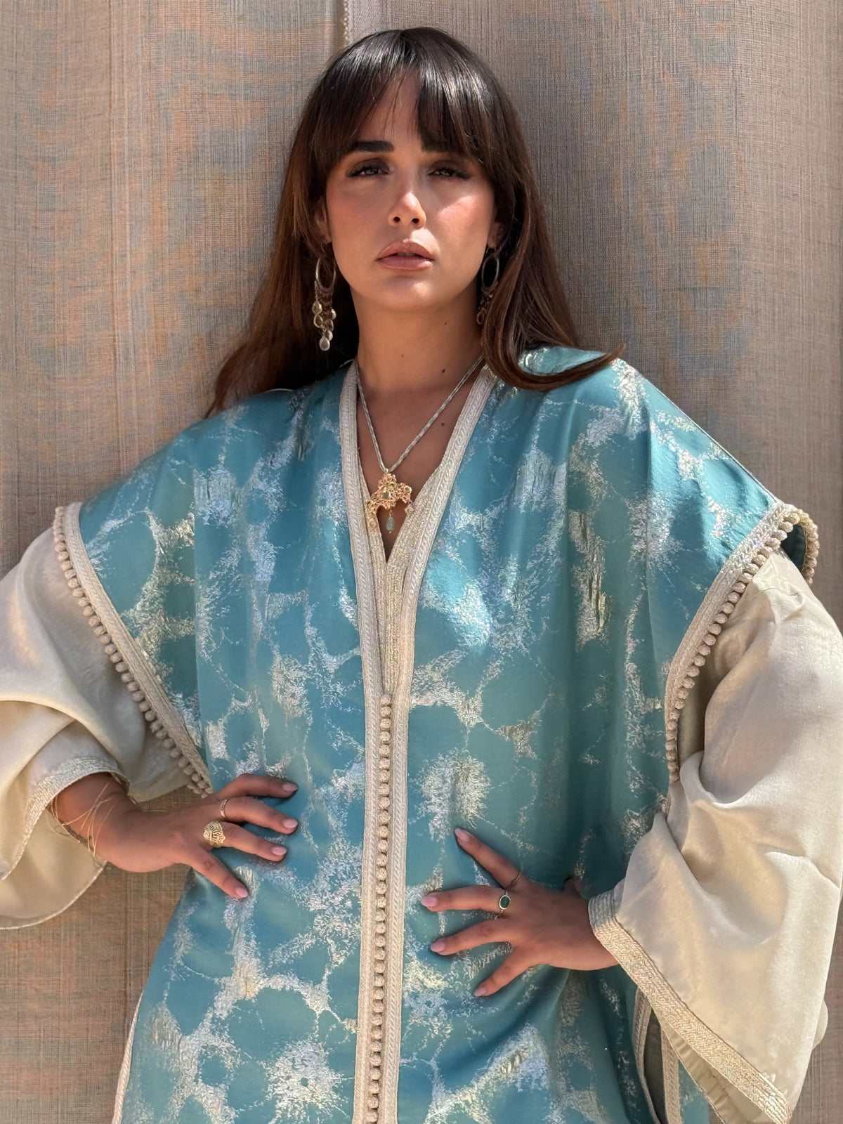 Loubna kaftan decorative cream edging and neckline detail