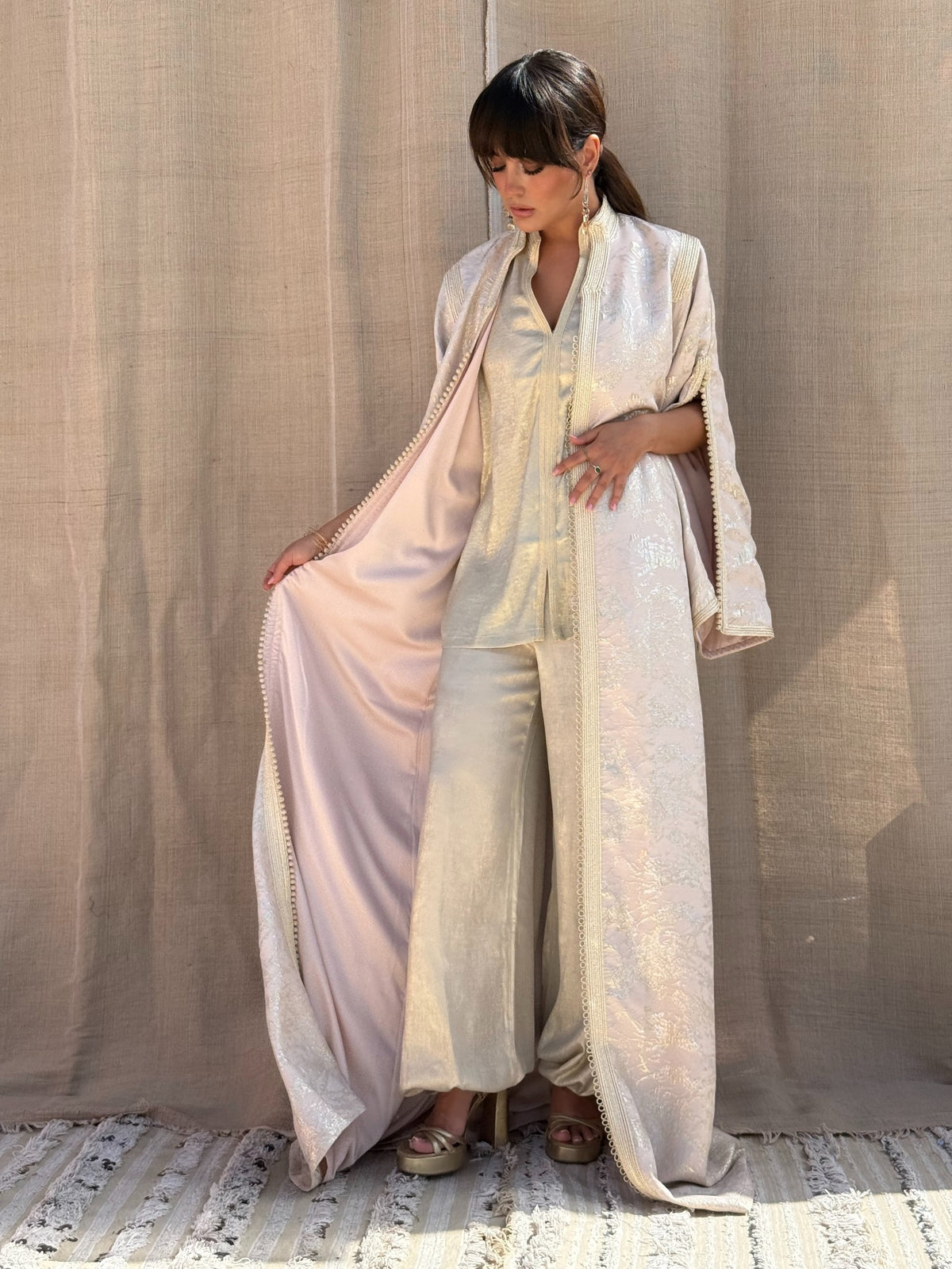Nadine three-piece silk set in Blush — flowing outer layer