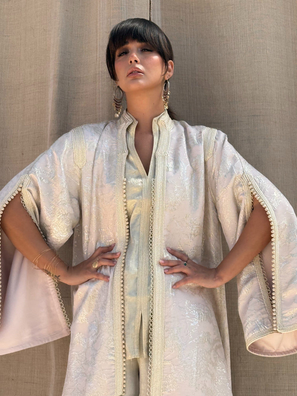 Nadine three-piece silk set in Blush — upper-body detail