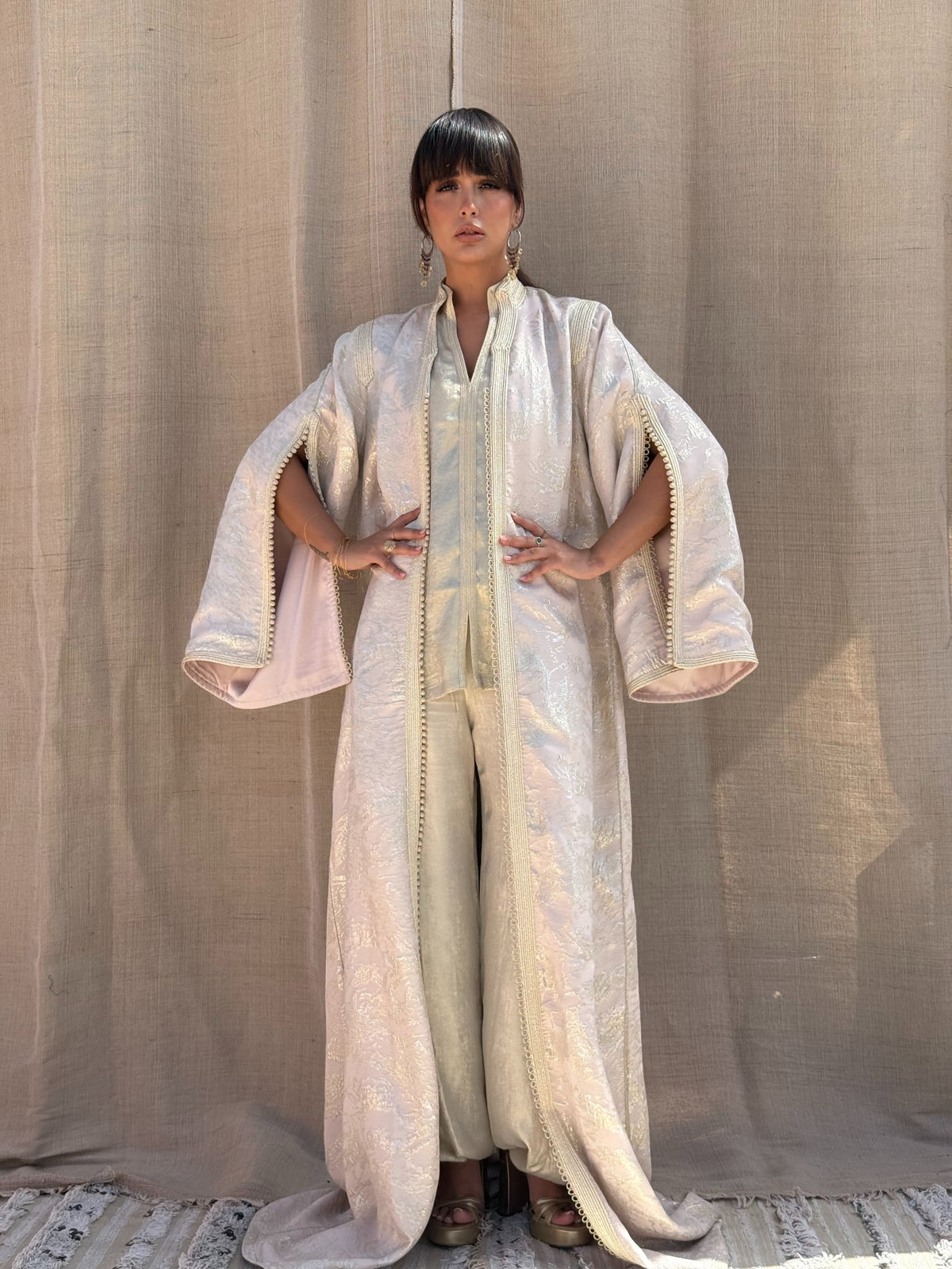 Nadine three-piece silk set in Blush — full-length silhouette