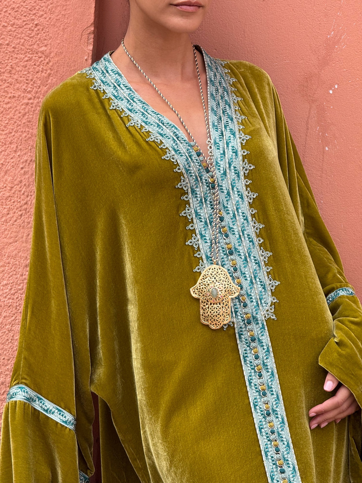 Nasma olive velvet kaftan with contrasting sfifa trims