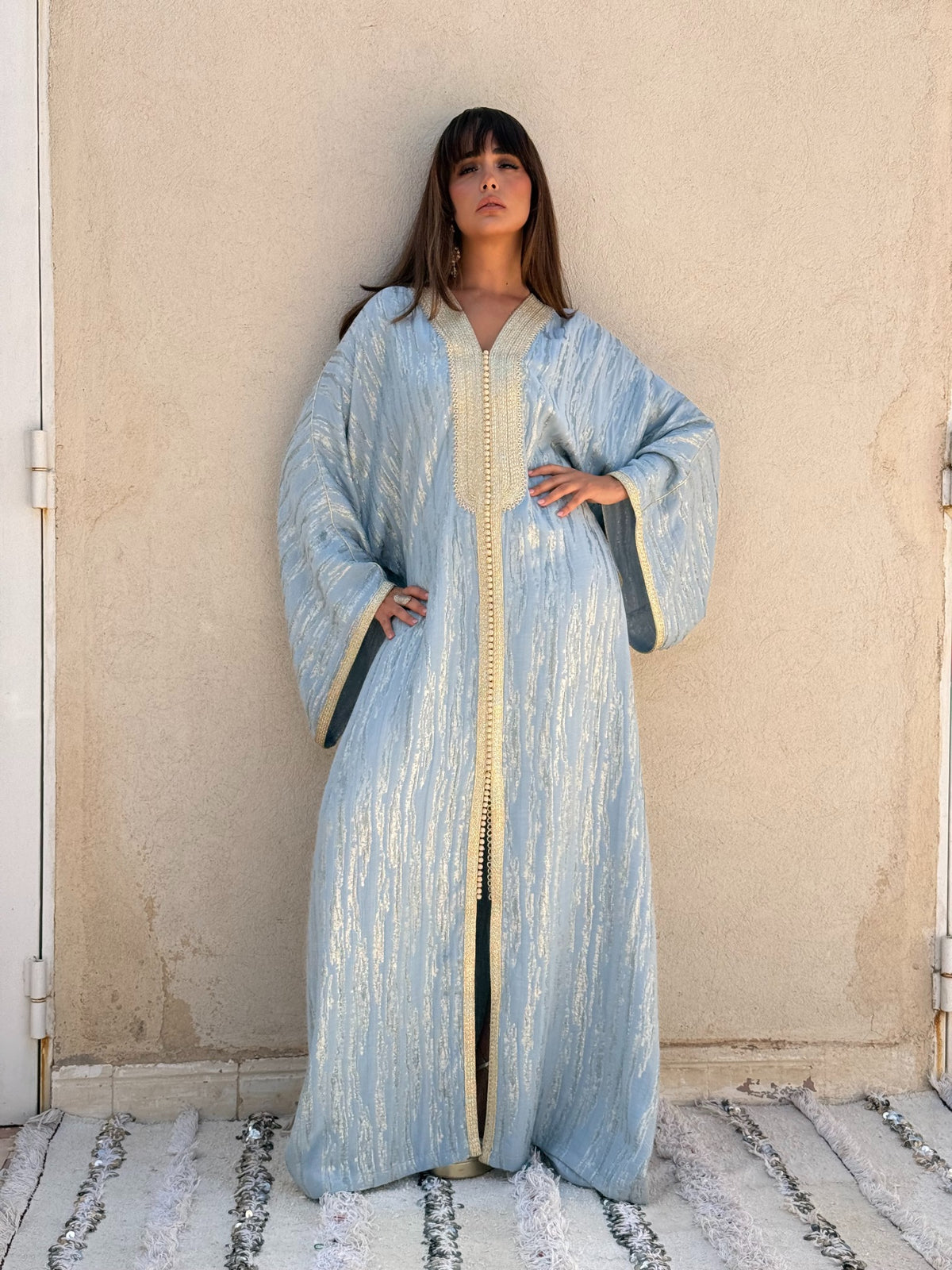 Souhaila blue kaftan, full-length view