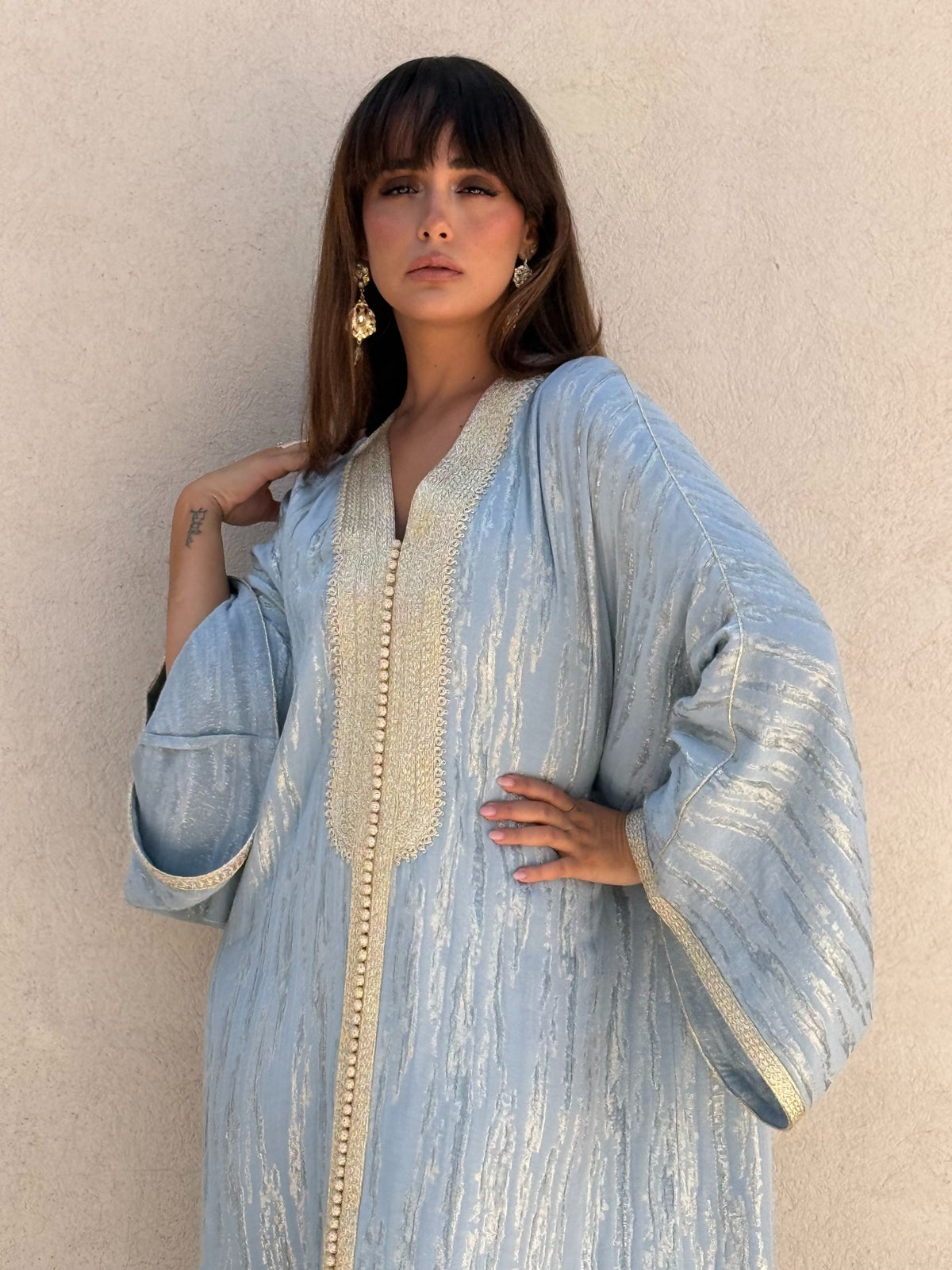 Souhaila blue kaftan, neckline and front detail