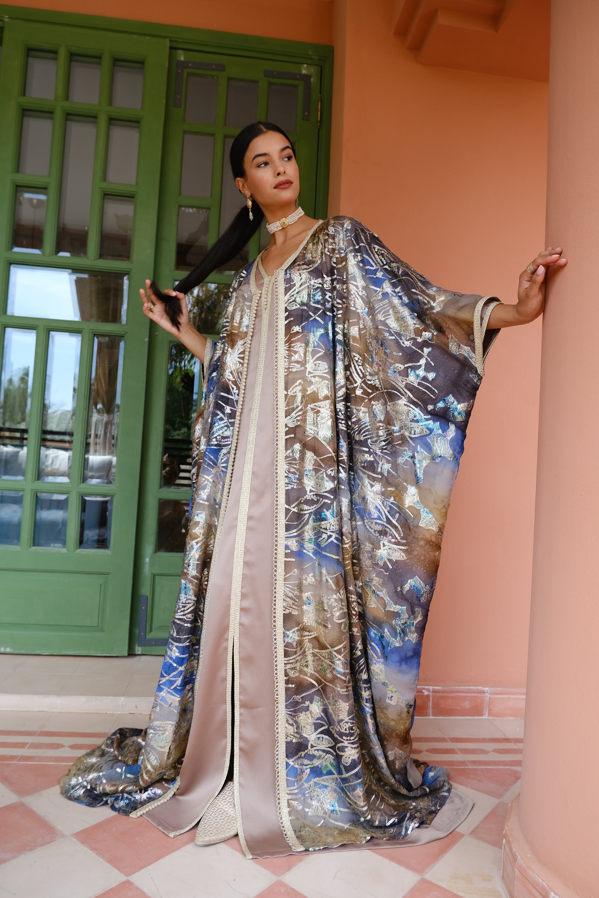 Hafsa 2-Piece Metallic Embroidered Kaftan in Bronze & Blue