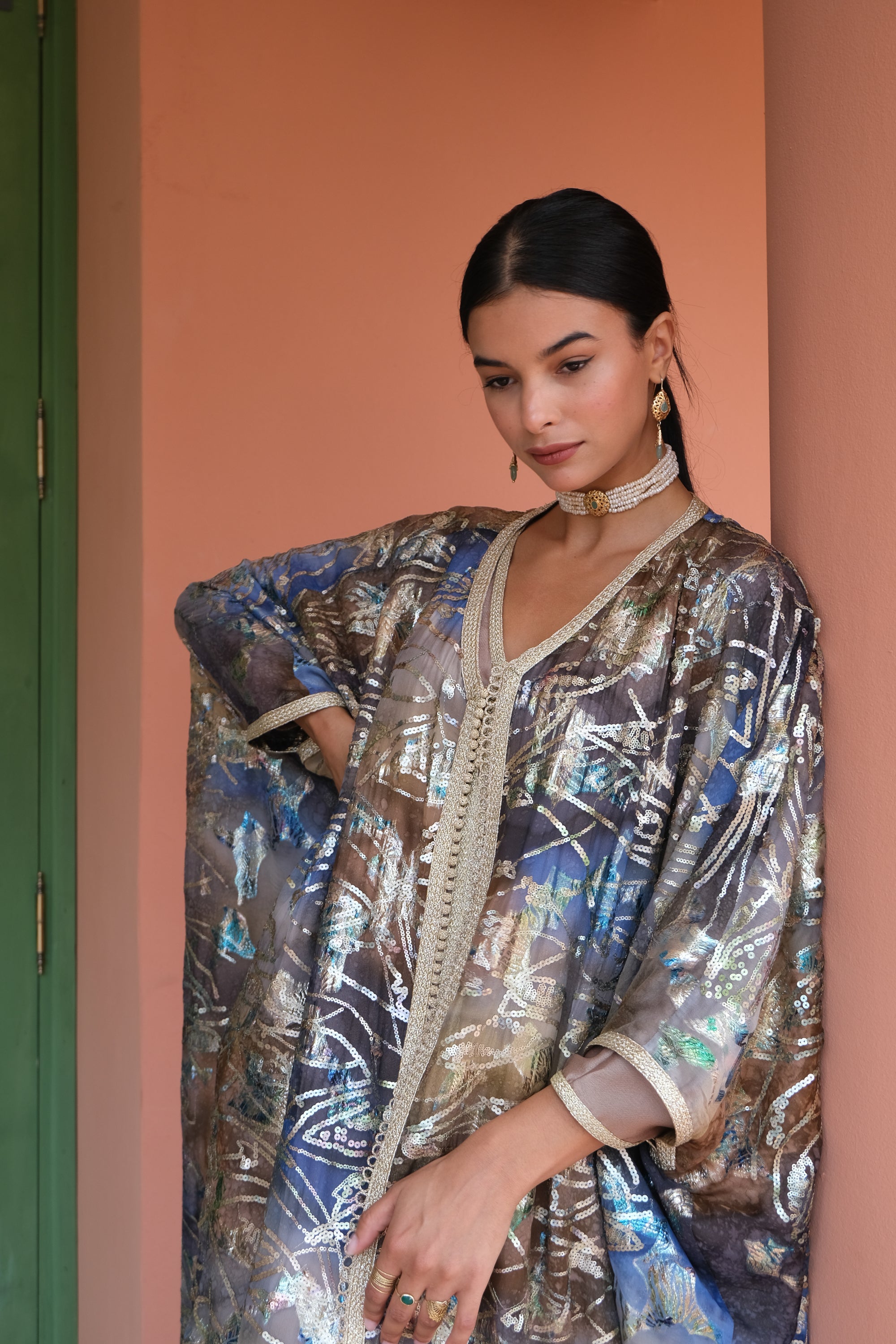 Hafsa 2-Piece Metallic Embroidered Kaftan in Bronze & Blue